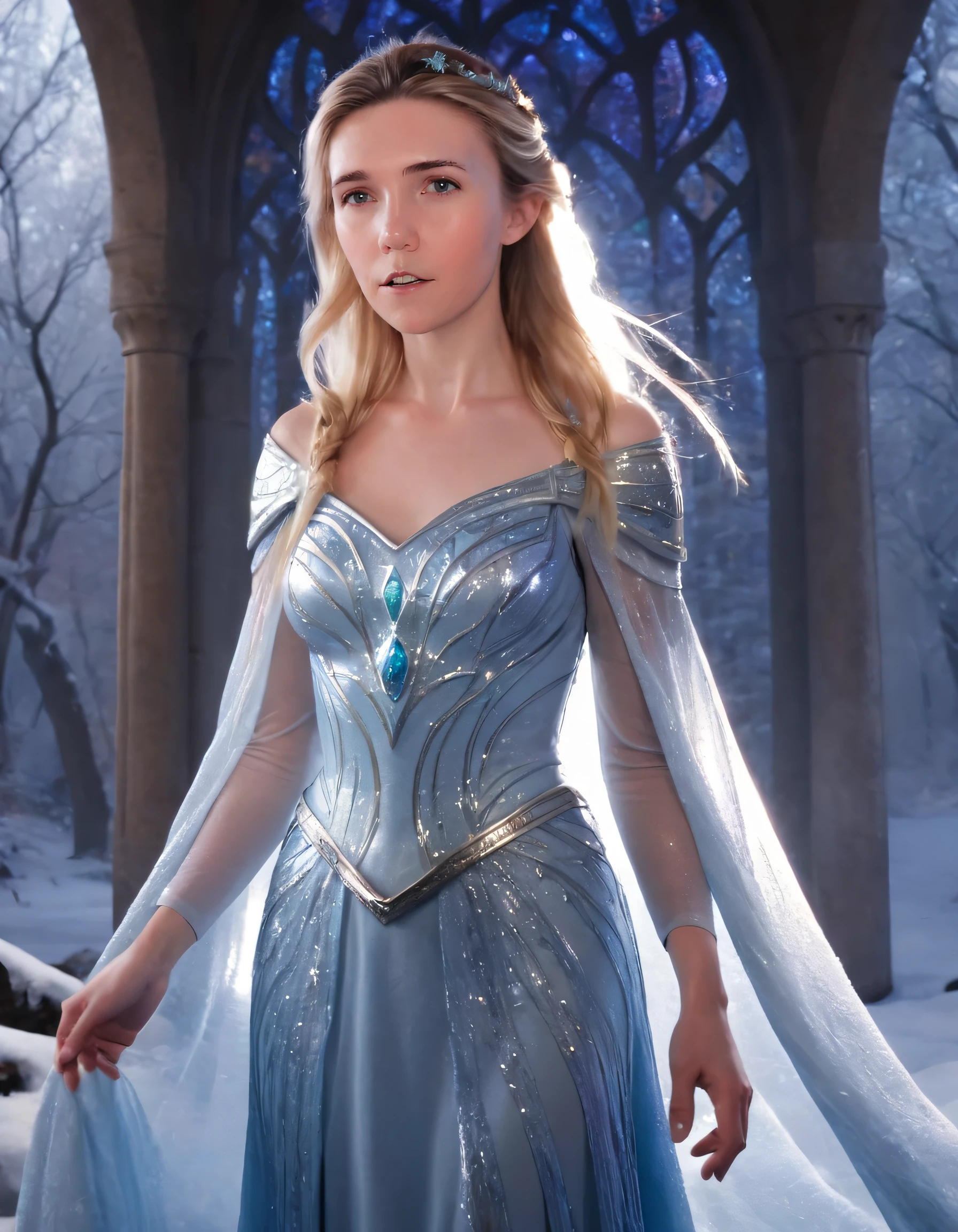In this otherworldly realm where Noelle reigns, the timeless moment is frozen as she stands confident in her enchanted armor and ethereal gown; a strong-willed woman radiating power and grace before the mystic lens, capturing the unparalleled beauty and majesty of her transcendent essence. <lora:ozyzuw18f741729fcy2cd:1>