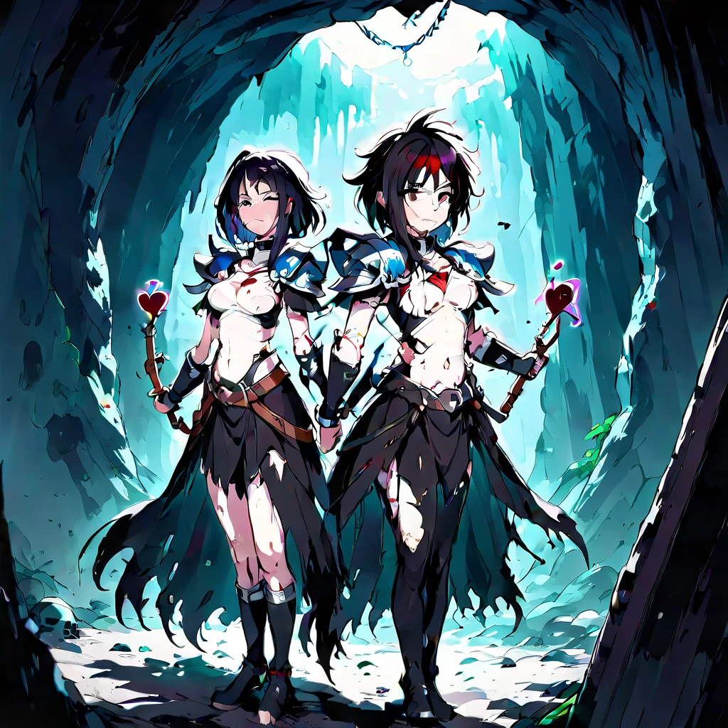 breasts, scabbard, skirt, looking back, closed mouth, lower body, medium hair, watermark, heart pasties, white shirt, tongue, nipples, siblings, still life