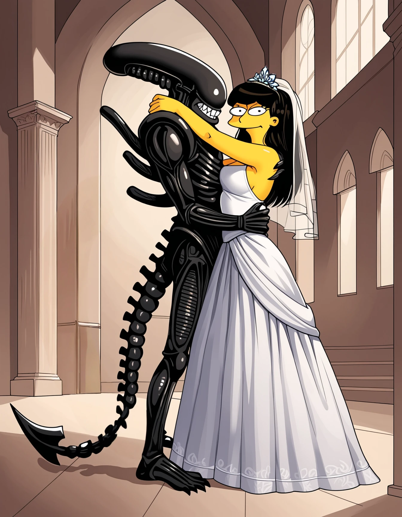 score_9, score_8_up, score_7_up, score_6_up, score_5_up, score_4_up,  
source: illustration,Jessica_Lovejoy,(Simpsons:1.25), full body, 1girl,(yellow skin:1.1),wedding dress, and an alien xenomorph, xenomorph head, 1boy hugging, by h.r.giger, (getting married:1.1), in a church