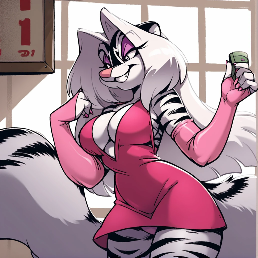 score_9, score_8_up, score_7_up, score_6_up, score_5_up, score_4_up, (Source furry), (rating safe), <lora:Zigzag:1>, zigzag, 1girl, solo, long hair, furry female, white fur, facial mark, white hair, animal nose, striped fur, black stripes, indoors studio, wearing pink dress, leg opening, elbow gloves, smile, wide hips, large breasts, cleavage,