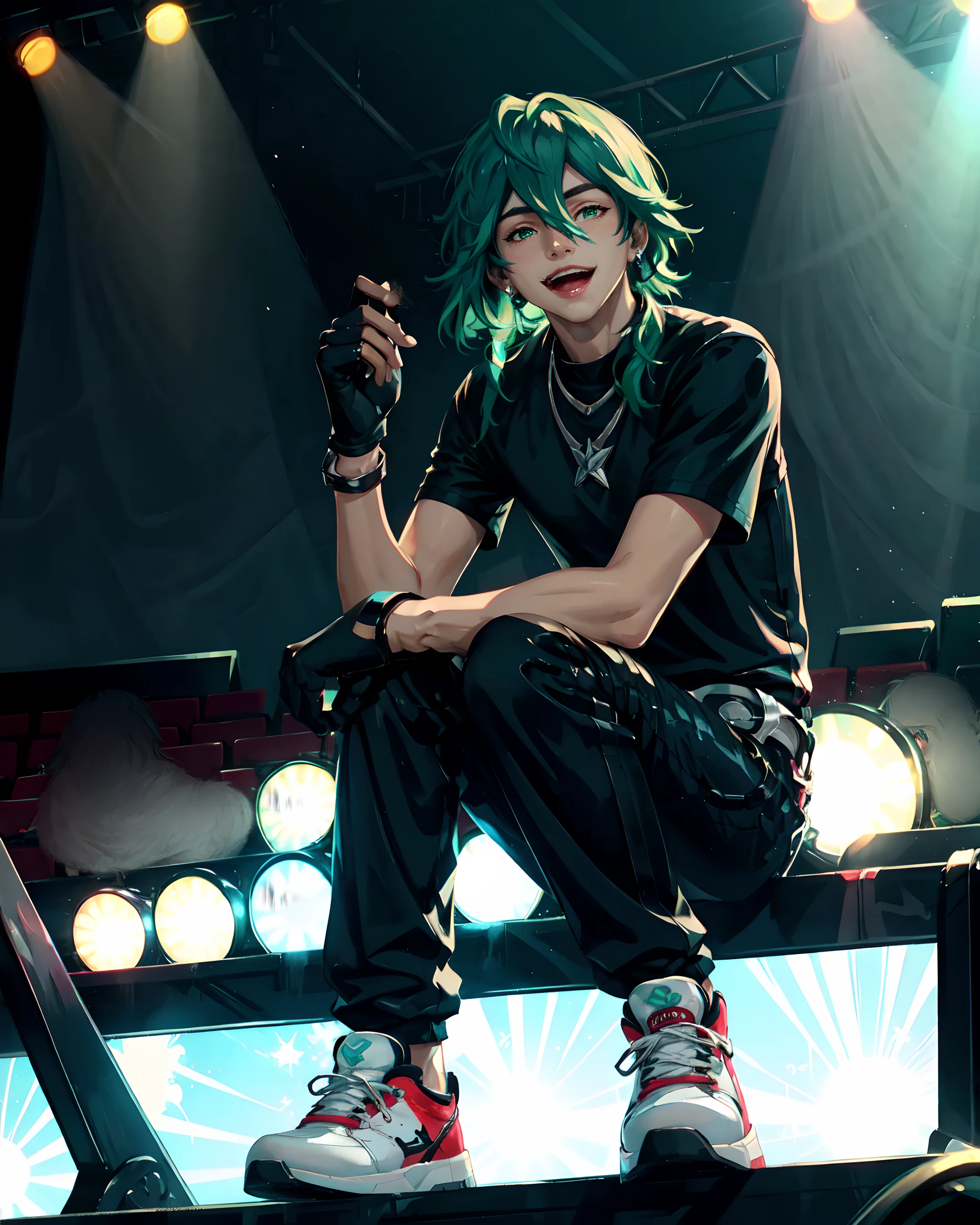 hs ezreal, solo, long hair, looking at viewer, smile, shirt, gloves, 1boy, hair between eyes, jewelry, short sleeves, male focus, green hair, shoes, black gloves, belt, pants, fingerless gloves, necklace, black shirt, night, blurry background, black pants, sneakers,
concert hall full of people,(best quality), (masterpiece), <lora:Heartsteel_Ezreal-10:0.7>, full body, ((in spotlights))