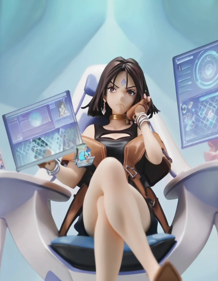 score_9, score_8_up, score_7_up, score_6_up, score_5_up, score_4_up, source_anime,  , Peorth, looking at viewer, gloves, cleavage, jewelry, sitting, choker, fingerless gloves, bracelet, legs, clothing cutout, frown, chair, parody, cleavage cutout, crossed legs, head rest, computer, fake screenshot, cockpit, holographic interface, hologram