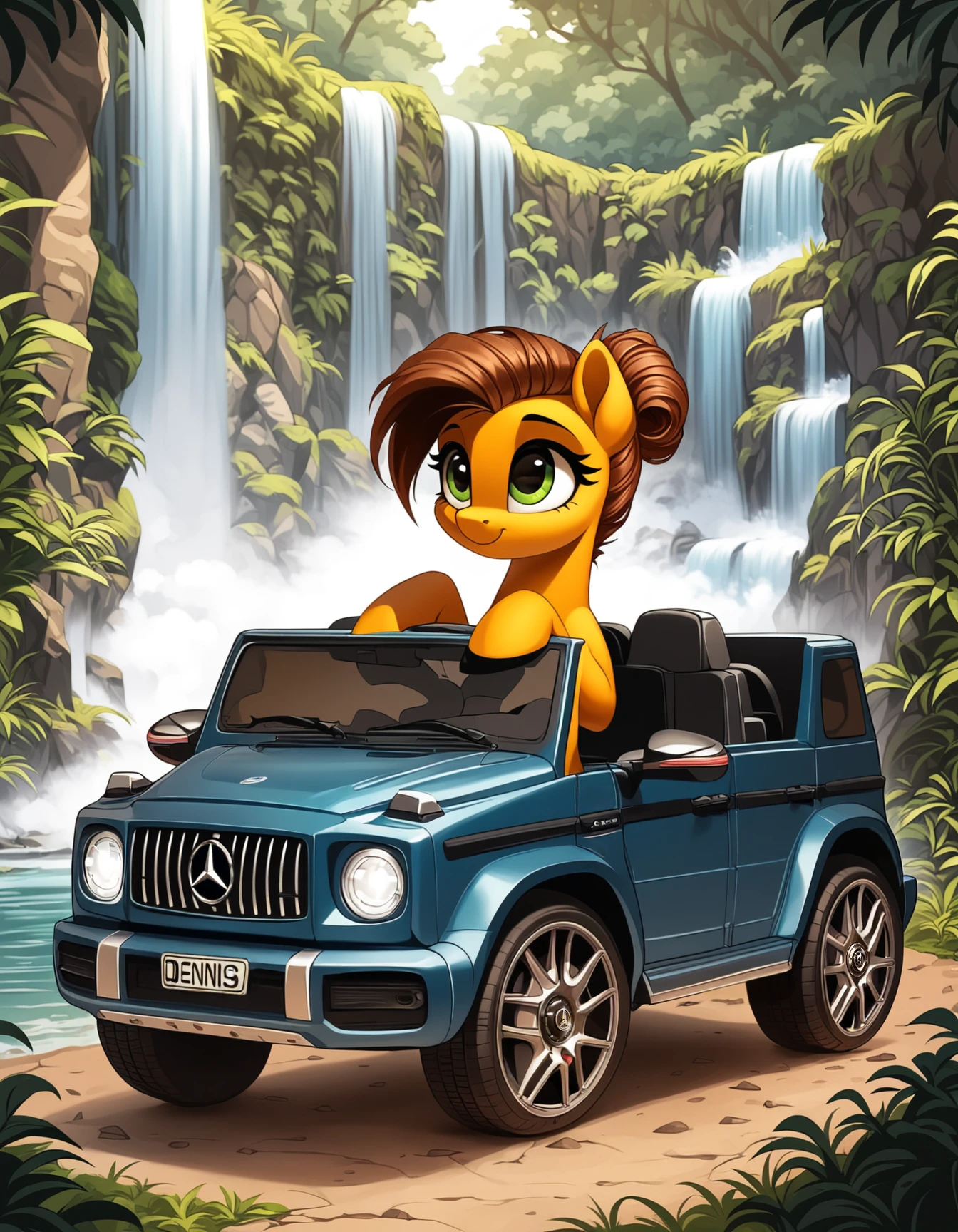 score_9, score_8_up, score_7_up, score_6_up, score_5_up, score_4_up,  
source: illustration,mg63,expressive, full body, pony, feral, cute, beautiful,wearing casual clothes, pretty,in a offroad car, at a waterfall, djungle, road,brown hair,brown fur, highly detailed, intricate details, digital art, perfect anatomy, perfect proportions, 4k, (dynamic pose:1.25),