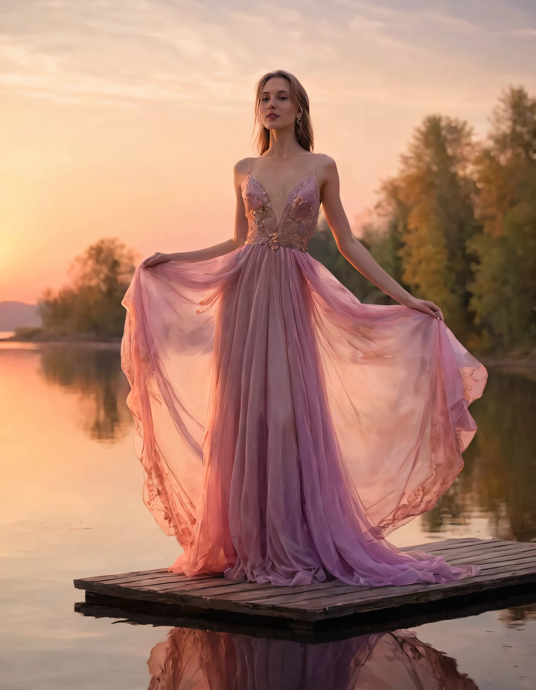 Eva, the captivating female model, donning an elegant, flowing gown of exquisite design and ethereal beauty, effortlessly posed gracefully atop a slightly elevated platform near a picturesque lake during the golden hour, as the sun dipped below the horizon casting vibrant shades of orange, pink, and purple across the sky, perfectly reflecting off the tranquil water's surface and accentuating her innate feminine allure in this stunning, timeless scene. Eva Amur <lora:vzqgvv18f77a25de0uae9:1>
