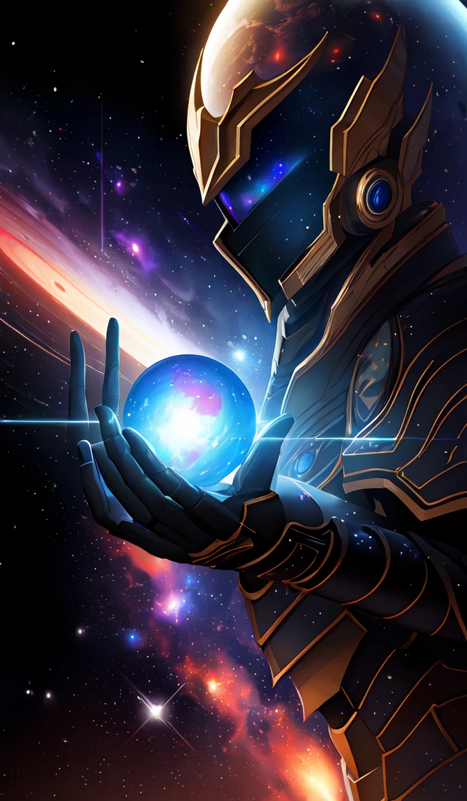 photorealistic fantasy cosmic concept art of a cosmic god with armor made out of planets and dark matter, hovering in a unknown galaxy, fully body portrait, cinematic, dynamic lighting, ultra detailed, creative, trending on art station, creative