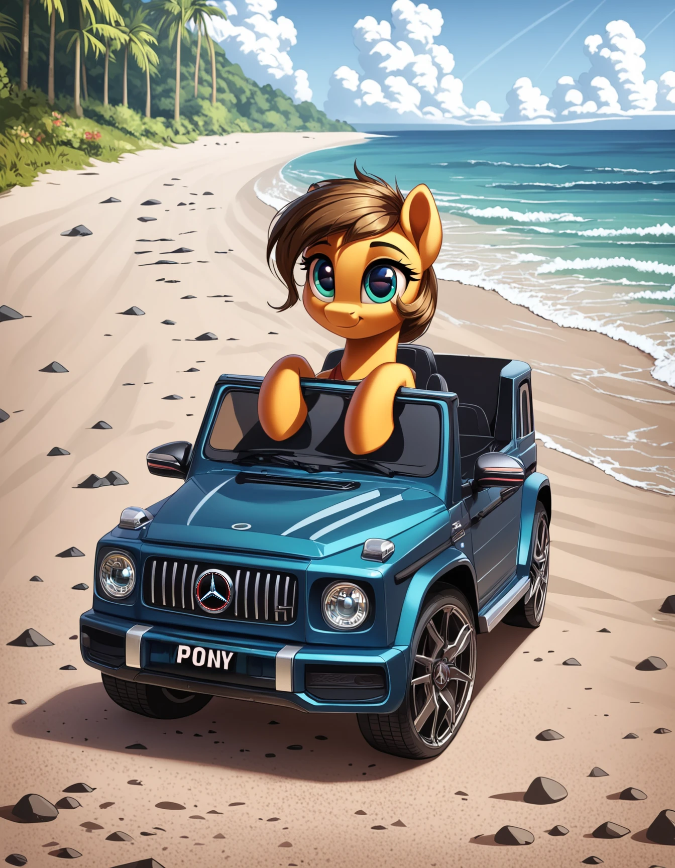 score_9, score_8_up, score_7_up, score_6_up, score_5_up, score_4_up,  
source: illustration,mg63,expressive, full body, pony,female, feral, cute, beautiful,wearing casual clothes, pretty,in a offroad car, at a beach,ocean, road,brown hair,brown fur, highly detailed, intricate details, digital art, perfect anatomy, perfect proportions, 4k, (dynamic pose:1.25),