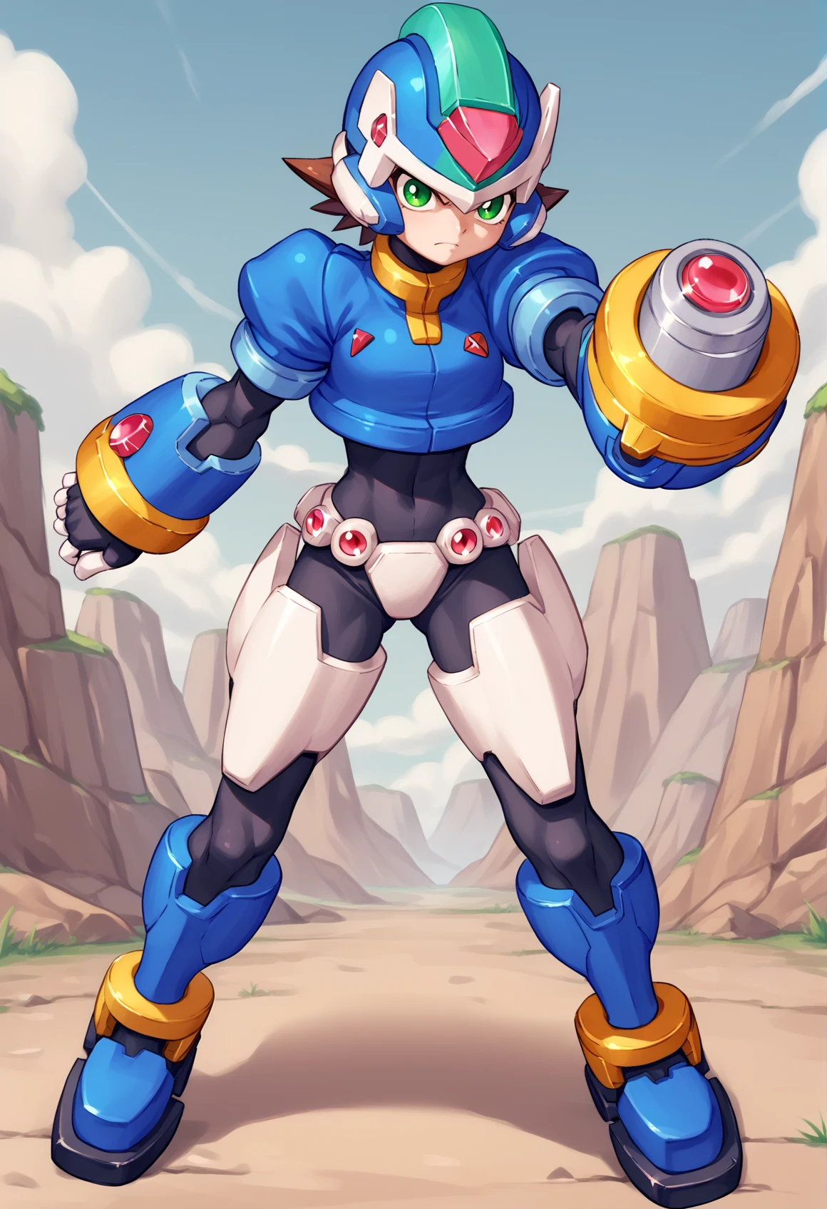 1girl, small breasts, brown hair, short hair, green eyes, robot ears, black bodysuit, fingerless gloves, mecha, helmet, blue headwear, blue Cropped Jacket, cropped jacket, short sleeves, blue gauntlets, gauntlets, bikini armor, thigh armor, boots, blue footgear, serious, outdoors, valley, fighting stance, arm arm cannon,  <lora:Aile_Rockman_ZX_XL:1>, score_9, score_8_up, score_7_up, score_6_up, score_5_up, score_4_up, BREAK source_anime, masterpiece