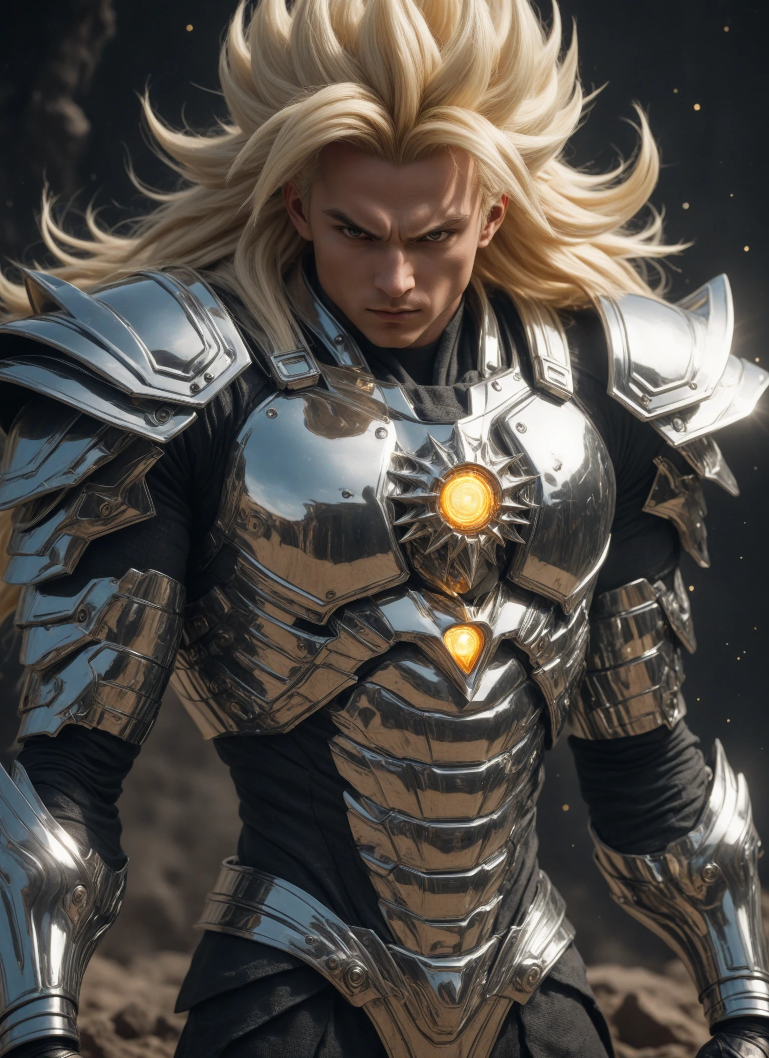 texture photorealistic realistic 8K raw photography, (Long super Saiyan 3 blonde hair Man in chrome hdsrmr:1.3), Intricate details, (Reflective surfaces:1.2), Steel embellishments, (super Saiyan energy particles exploding all around:1.3), similing, Defense Stance, Dramatic shadows, (Light cascading:1.2), (full body view:1.3), Captured with a Sony Alpha a7R IV, 50mm f/1.8 lens, High definition clarity, Raw intensity, Detailed textures, (very defined space with planets background:1.2) <lora:Armor from HaDeS XL v3.4 Lite:1> <lora:Image Enhancer XL Soft v1:1> . highly detailed, lifelike, precise, accurate top down close-up