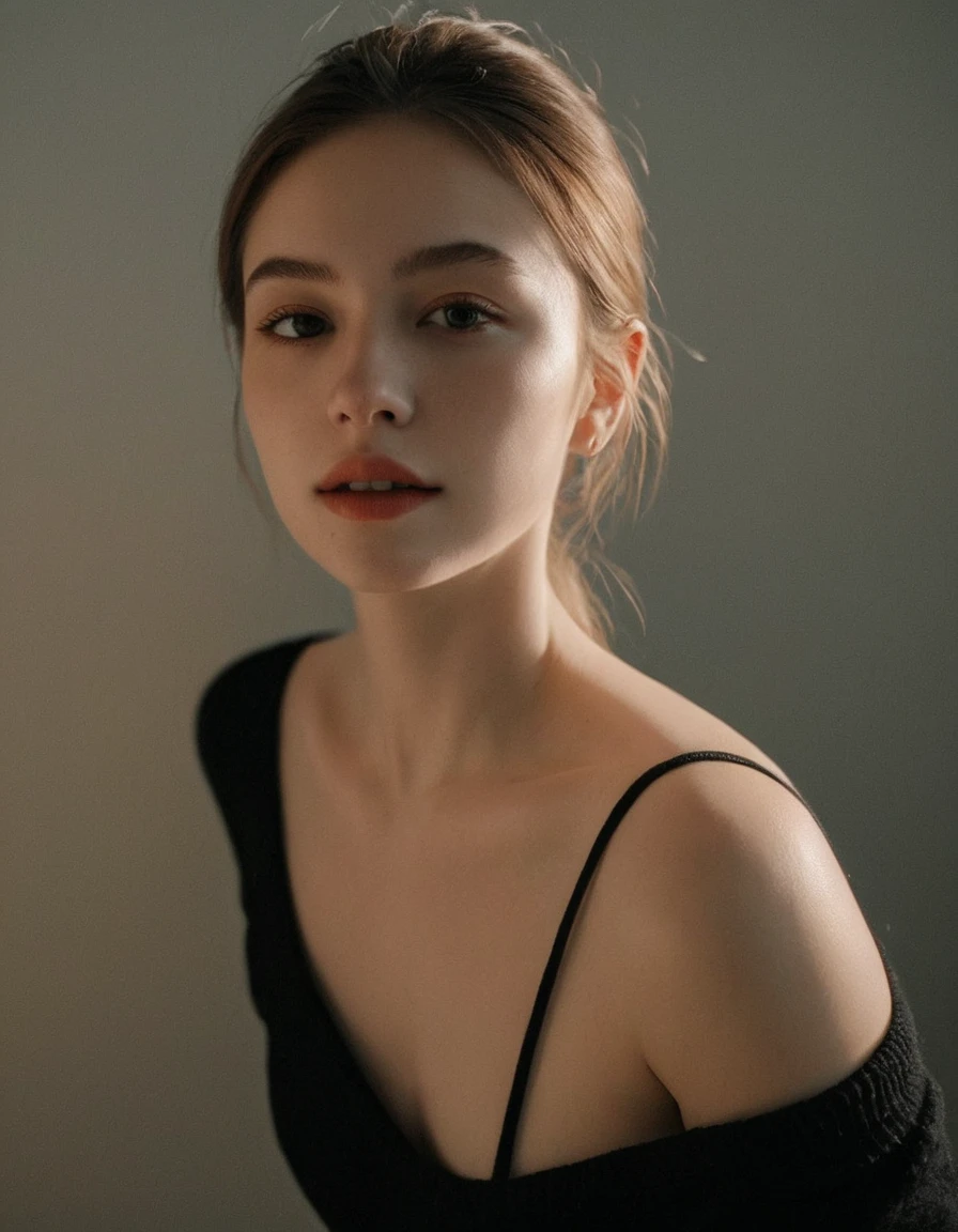 breathtaking instagram photo, photo of 23 y.o Chloe in black sweater, cleavage, pale skin, (smile:0.4), hard shadows . award-winning, professional, highly detailed