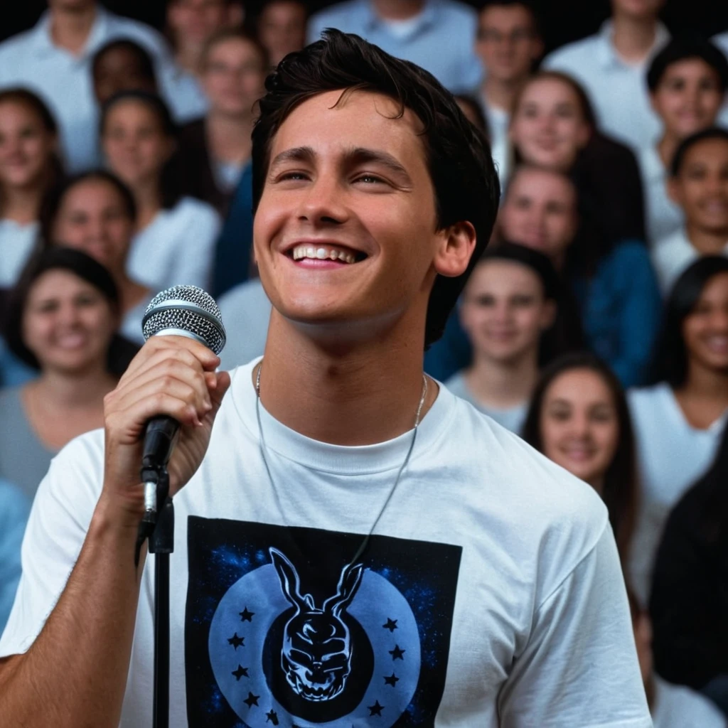 <lora:add-detail-xl:1>
<lora:detailed:0.3>
<lora:perfection style:0.3>
<lora:xl_more_art-full_v1:0.3>
 <lora:Donnie Darko film style:1>
Jake a smiling man in a white shirt is smiling and holding a microphone on stage with audience in background,smile,shirt,black hair,1boy,white shirt,upper body,male focus,one eye closed,teeth,solo focus,collared shirt,blurry,depth of field,blurry background,microphone,realistic,music,singing,crowd,real life insert,concert,audience , cinematic, film, Donnie Darko film style