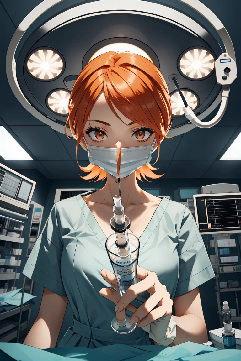 (RAW photo, best quality), operating room, overhead surgical light,blurred background, focused, dithering,backlighting,
 <lora:injection_V1.0-000005:0.9> injection_pov, 1girl, solo, looking at viewer, holding, surgical mask, holding syringe, 
 <lora:nami_pre_timeskip_offset:0.47> nami \(one piece\),orange hair,orange eyes,1girl,solo,