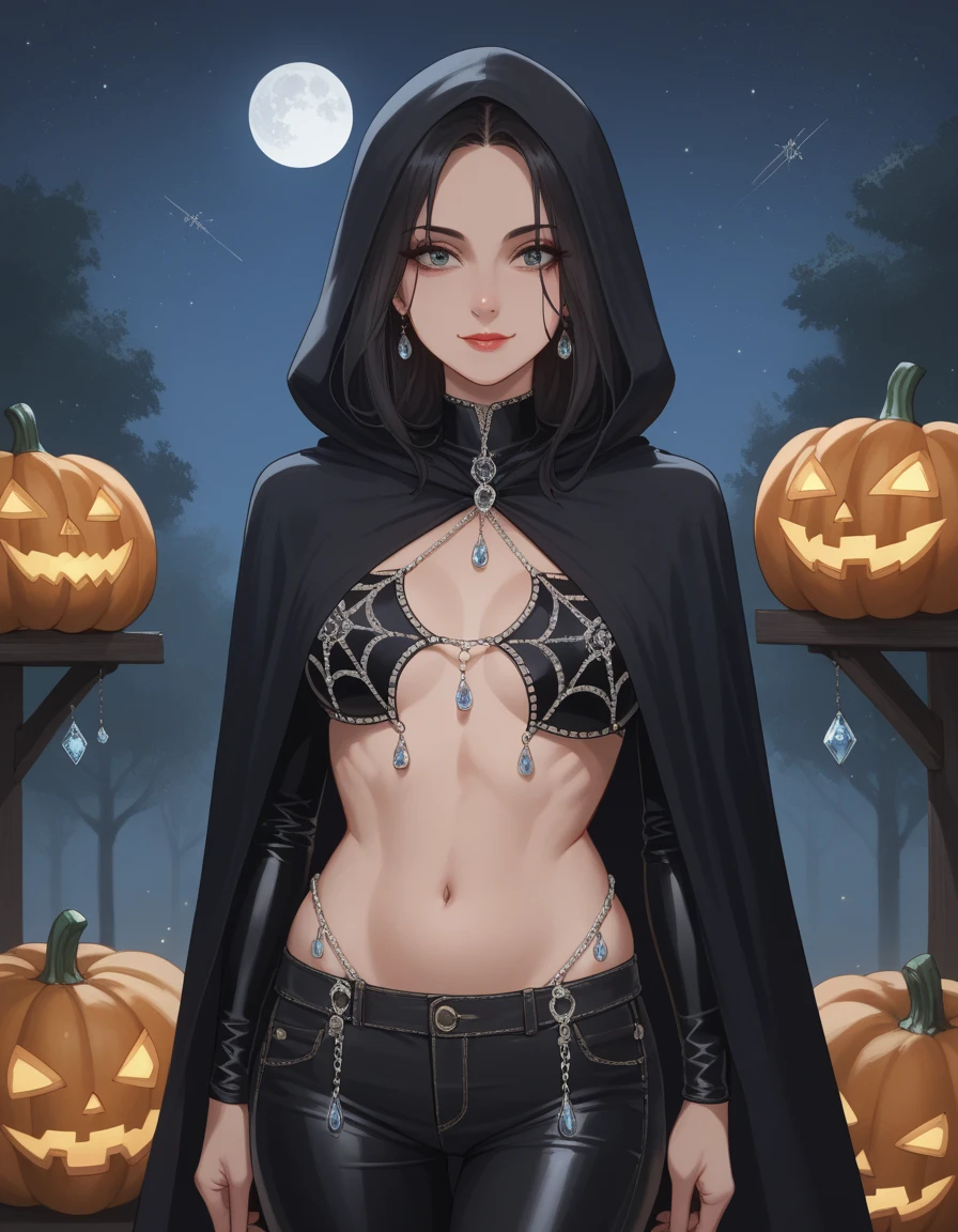 score_9, score_8_up, score_7_up, score_6_up, score_5_up, score_4_up, source_anime, 1girl, solo, long black hair, lipstick, hud_w3b, spiderweb bra, jewelry, navel, latex, gem, belly chain, pants,  <lora:punk_rock_corset-000008:0.8>, light smile, cloak, pumpkin bag, trick or treat, night sky,