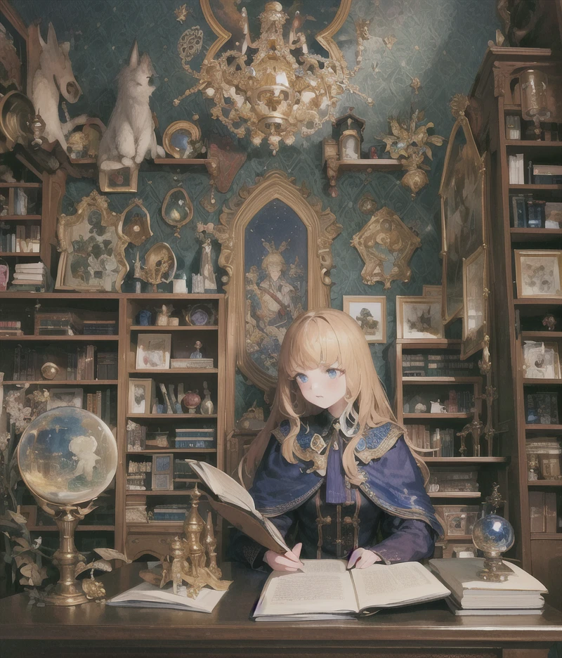 (masterpiece:1,2), best quality, masterpiece, highres, original, extremely detailed wallpaper, with reading in her study, desk, books, beautiful composition, whimsical,  <lora:Wizardcore:0.6> , wizardcore, star theme, wizardcore scene, wizardcore portrait, wizardcore fashion, vibrant, crystal, crystal ball, velvet,