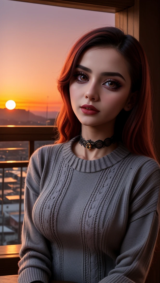 1 young cute iranian girl, very slim, skinny, redhead, rouge, red neck lace choker, cateyes makeup, colorful, oversize knit jumper, softcore, warm lighting, cosy atmosphere, Instagram style, red theme, upper body shot,(cinematic, black and red:0.85), (sunset beautiful background:1.3), sharp, dim colors