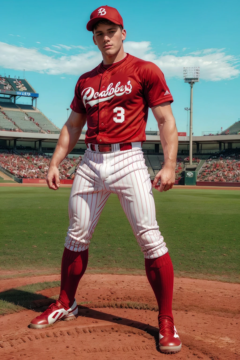 outdoor baseball field, standing in the grass, BarrettLong is a baseballplayer, wearing red baseball uniform, white jersey with red pinstripes, (white pants) with red pinstripes, (red socks) stirrups, red baseball cap, (baseball mitt), (((full body portrait))), wide angle   <lora:BarrettLong:0.8>   <lora:Clothing - Sexy Baseball Player:0.7>