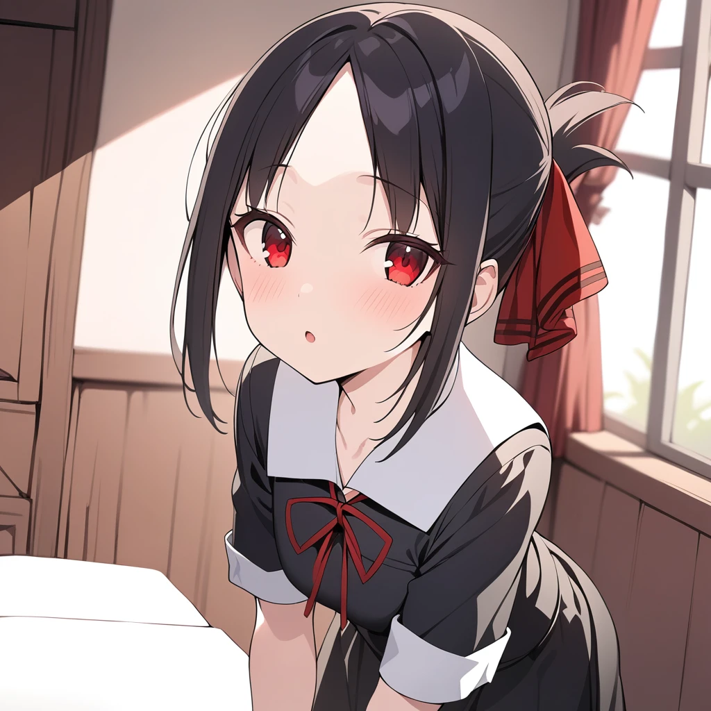 masterpiece, best quality, 1girl, kaguya, red bow,  <lora:kaguyaSDXL:0.8>, school uniform, black dress, black skirt, red ribbon :o, looking at viewer