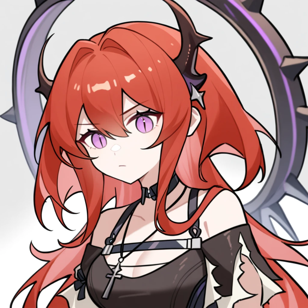 ,1girl,solo,upper body,,1girl,surtr_\(arknights\),solo,horns,purple_eyes,red_hair,long_hair,choker,black_choker,official_alternate_costume,necklace,off_shoulder,short_sleeves,cross_necklace,bangs,hair_between_eyes,demon_horns,<lora:Qszb>,<lora:42:1>, masterpiece, best quality, very aesthetic, absurdres