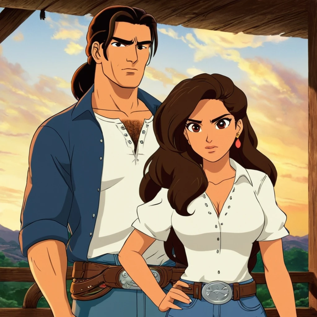 anime artwork of  <lora:perfection style:0.5> <lora:detailed:0.5> perfection detailed
 <lora:Rodriguez's Mexico Trilogy film style:1>
In the United Mexican States "El Mariachi" and "Carolina" a cartoon anime man and a woman standing next to each other,1girl,long hair,looking at viewer,brown hair,shirt,1boy,brown eyes,collarbone,white shirt,dark skin,siblings,dark-skinned male , cinematic, film, kodak, Rodriguez's Mexico Trilogy film style, anime style, key visual, vibrant, studio anime,  highly detailed