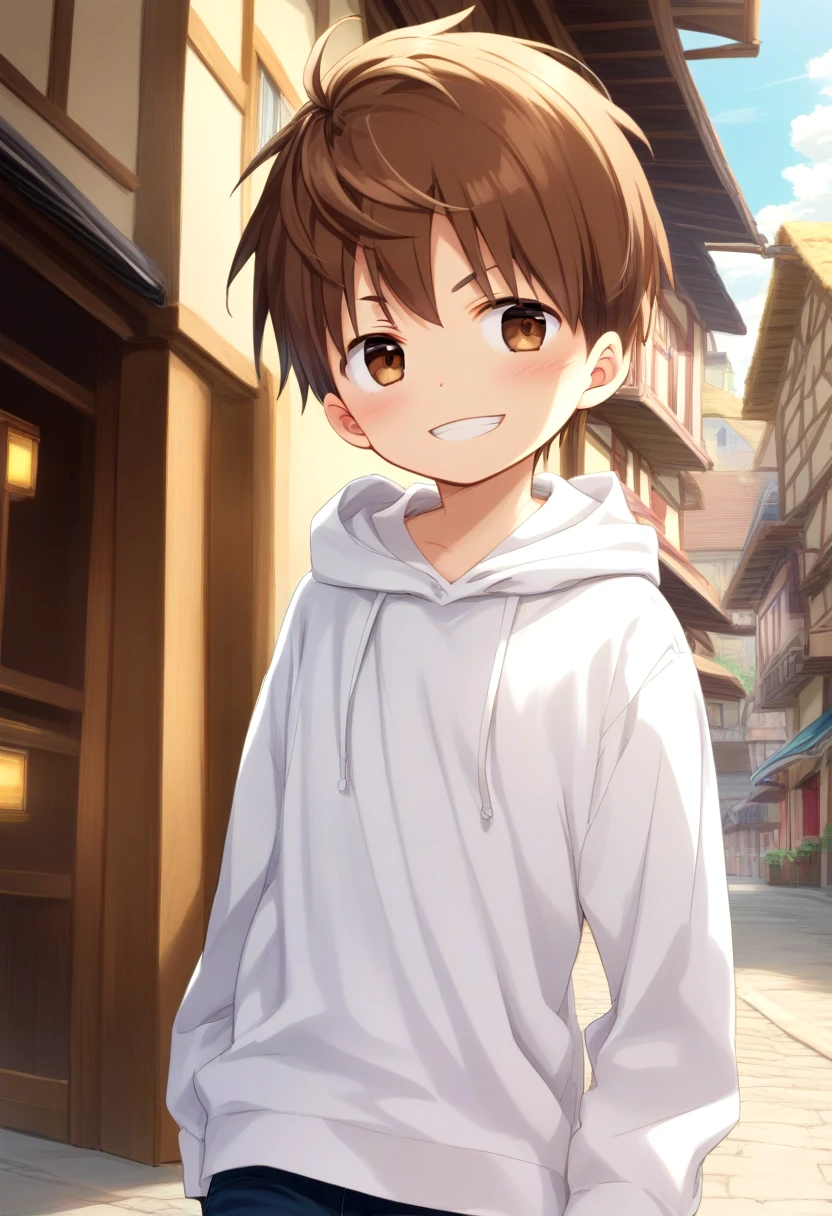 score_9, score_8_up, score_7_up, detailed eyes, village, BREAK
looking to the side, standing, head tilted,
<lora:cutifiedanimecharacterdesign_variant_type_F_PonyXL_v10:1> 1boy, type-f, chestnut brown hair, chestnut  brown eyes,   petite, young, solo, anime  style, manga style, drawn style, white hoodie,  source_comic, manga,randoseru,comic, aged down, black gakuran above hoodie,
grin