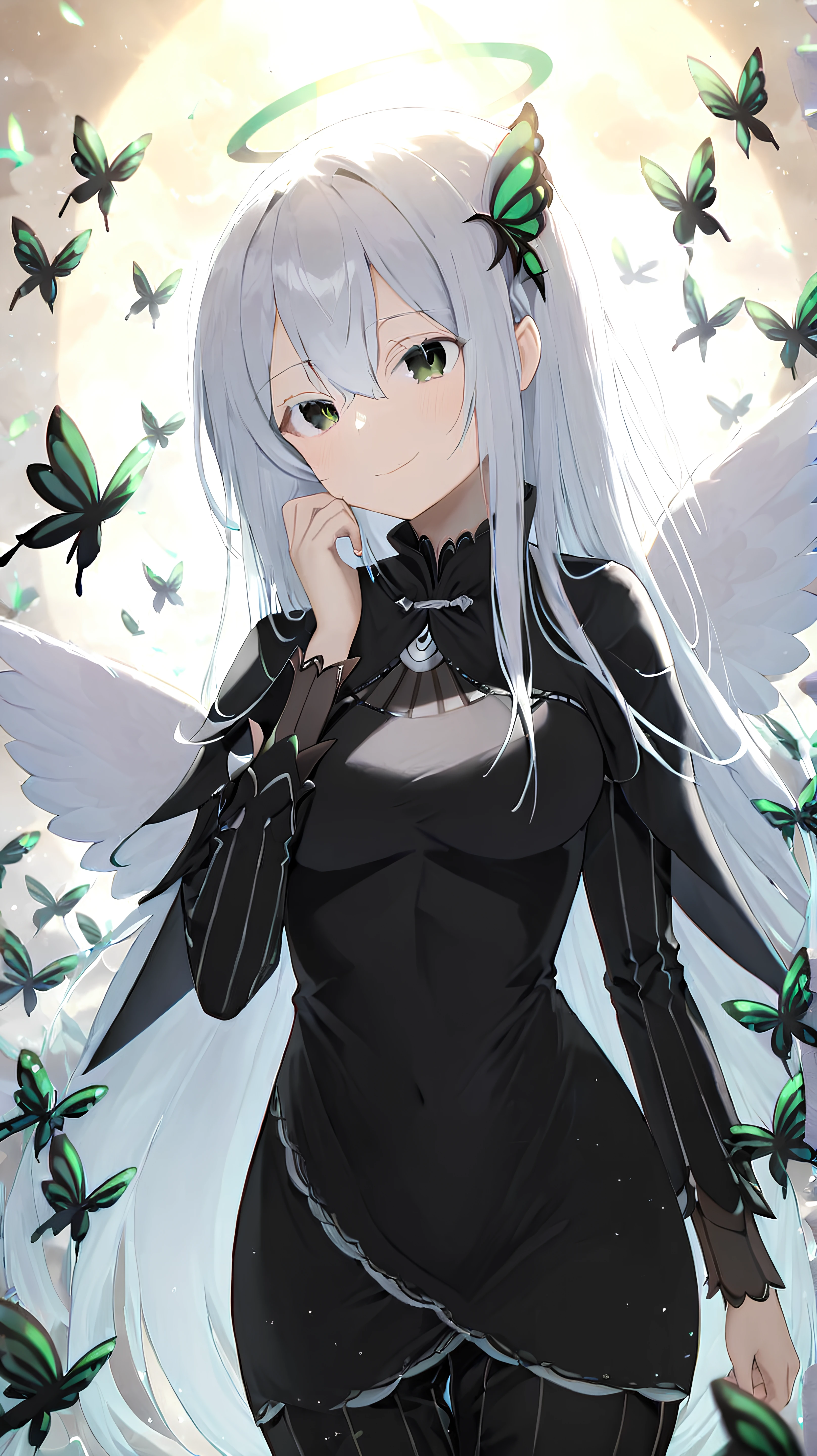 <lora:Anime Enhancer XL V2:1>
<lora:Echidna:1>
1girl, echidna_rezero, echidna_rezero in Heaven, echidna_rezero has an angel halo, echidna_rezero wearing black dress, green butterflys all around