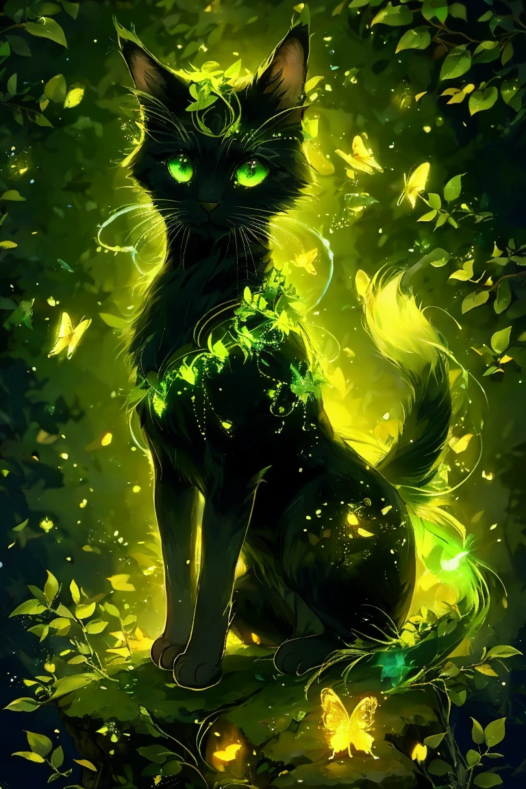 A mystical, dark-furred cat with luminescent green eyes. It is surrounded by a luminous green aura, with glowing green tendrils and leaves emanating from its body. The cat is perched on a rock amidst a forest setting, with small glowing orbs scattered around. Butterflies with luminescent wings flutter around the cat, and there are intricate details of leaves and other foliage in the background. The overall ambiance of the image is magical and enchanting.<lora:EMS-374483-EMS:0.800000>