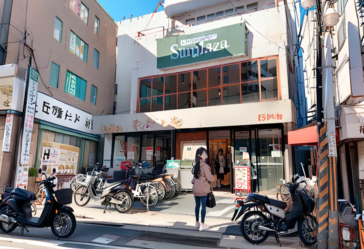 masterpiece, best quality, very aesthetic, absurdres,
1girl, solo, glasses, black hair, long hair, hoodie, black bag, pants, smile, looking at viewer, solo focus, standing,
sunplaza, storefront, motorcycle, scenery, outdoors, power lines, sky, road, building, city, utility pole, day, street, sign, blue sky, lamppost, cityscape, cloud
<lora:sunplaza_kishi_SDXL_V1:1>