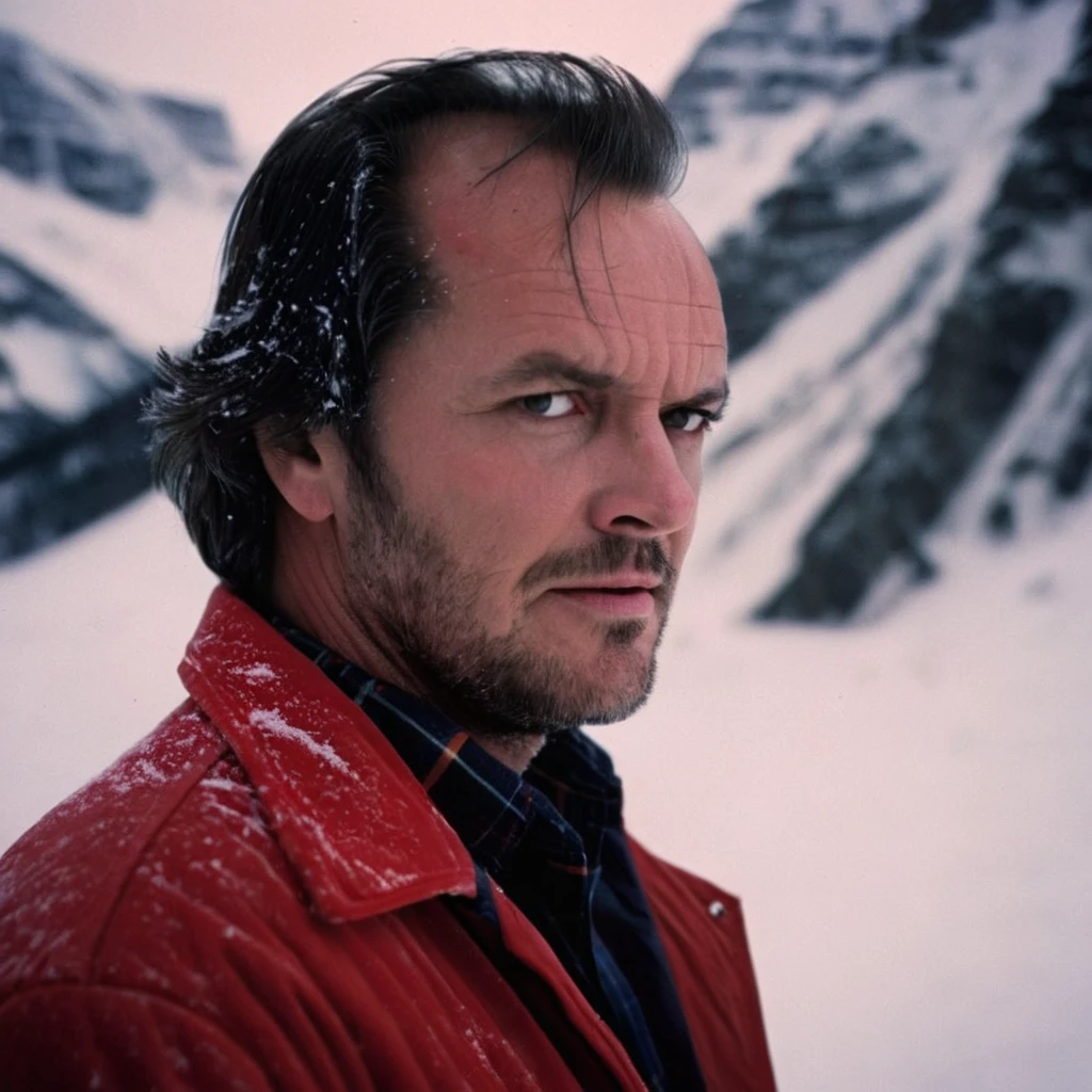 cinematic film still of  <lora:perfection style:0.5> <lora:detailed:0.5> perfection detailed
 <lora:The Shining film style:0.9>
 <lora:1980's style:0.3>
Jack Torrance In the 1980's in the Colorado Rocky Mountains a worried man with a beard and a red jacket,solo,short hair,shirt,black hair,1boy,brown eyes,jacket,male focus,parted lips,teeth,striped,collared shirt,black shirt,facial hair,scar,red shirt,portrait,red background,red jacket,scar on face,realistic,scar across eye,stubble , cinematic, film, kodak, The Shining film style, shallow depth of field, vignette, highly detailed, high budget, bokeh, cinemascope, moody, epic, gorgeous, film grain, grainy