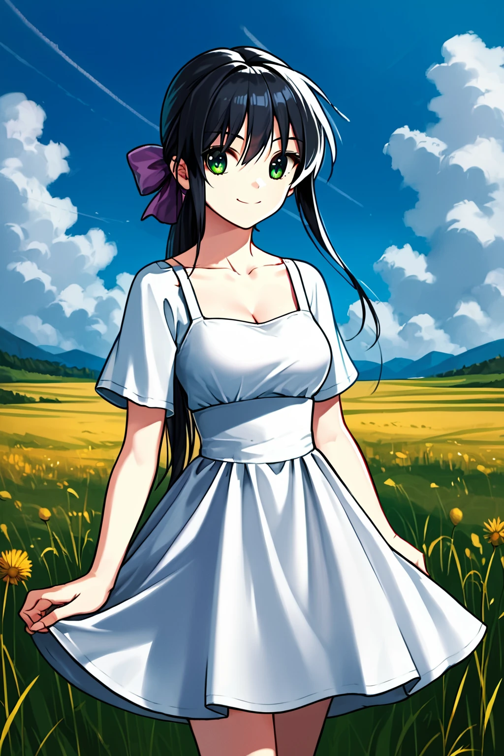 score_9, score_8_up, score_7_up, score_6_up, rating_safe, source_anime, best quality, masterpiece, detailed background, detailed eyes, field of wheat, sundress, white sundress, purple bow in hair, <lora:kawasumi-mai-xl-05:1>, kawasumi mai, no pants, medium breasts, slight cleavage, low ponytail, hair bow, black hair, green eyes, cowboy shot, smile,