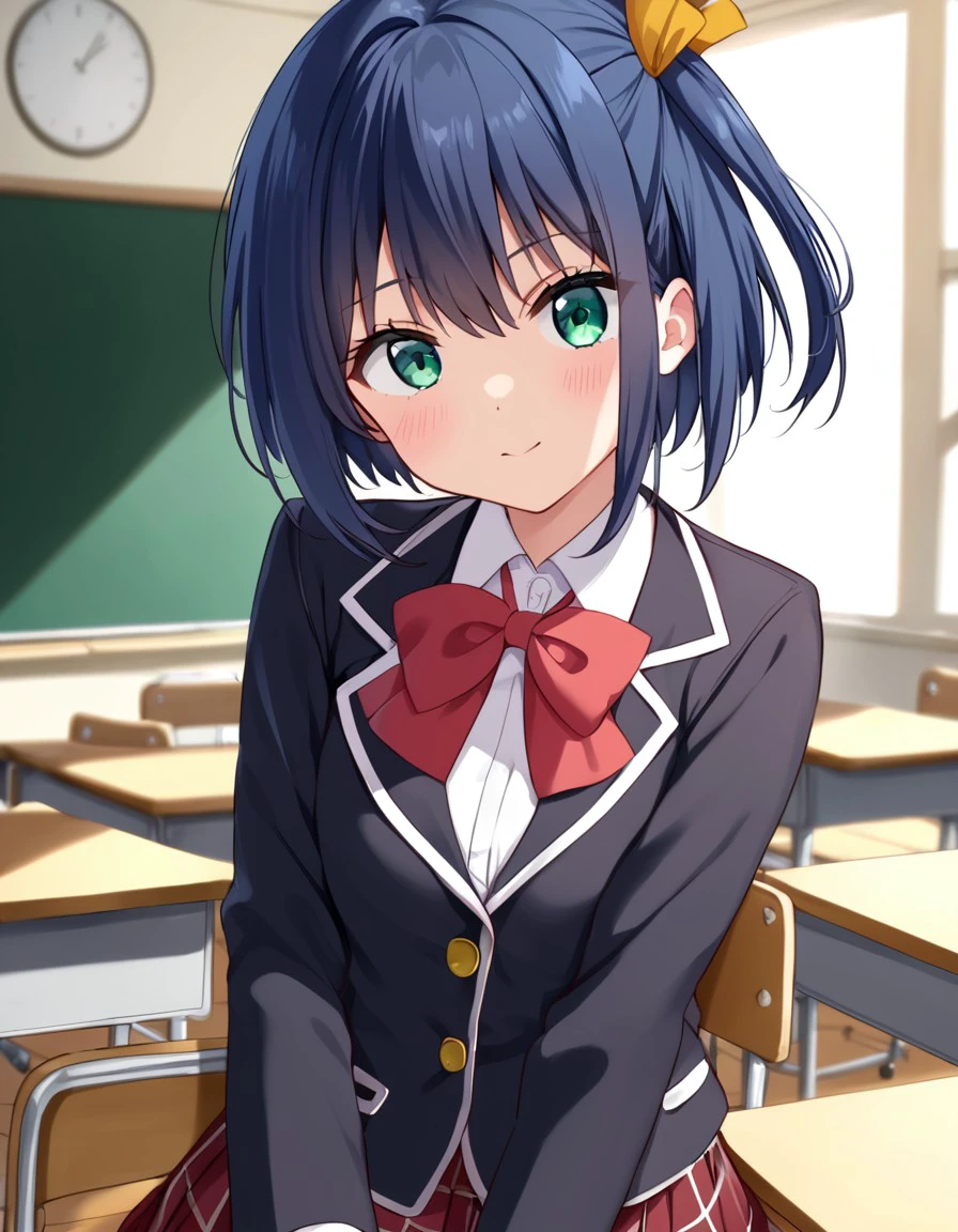 score_9, score_8_up, score_7_up, score_6_up, rating_safe, expressive eyes, perfect face, illustration, classroom, (upper body), 1girl, takanashi rikka, short hair, one side up, black hair, green eyes, yellow hair ribbon, school uniform, black blazer, red bowtie, red skirt, plaid skirt, pleated skirt, cute smile, closed mouth, looking at viewer