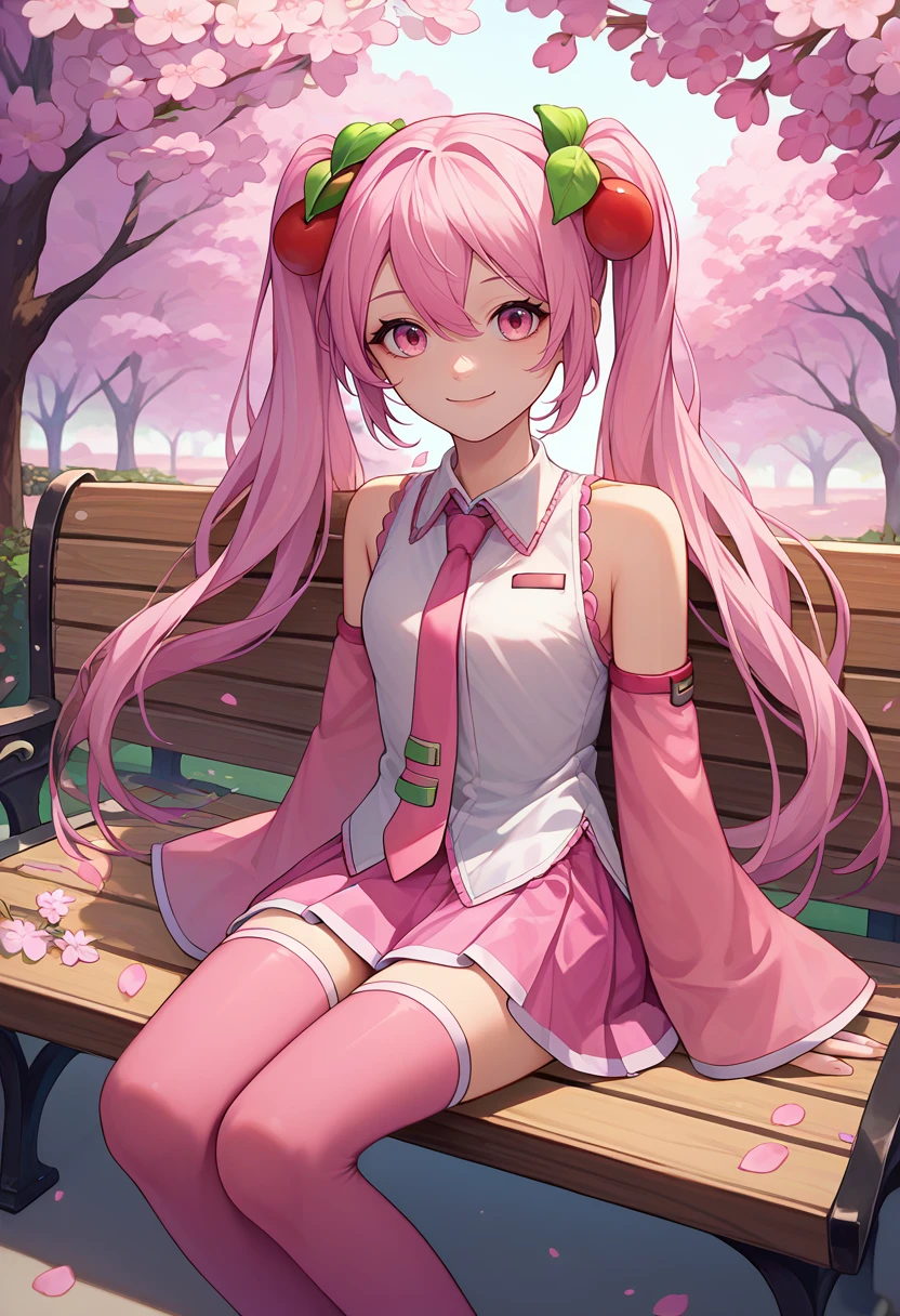 score_9, score_8_up, score_7_up, solo, 1girl, sakuramiku, smile, looking at viewer, sitting, park bench, twintails, white shirt, sleeveless shirt, pink necktie, pink sleeves, detached sleeves, pink skirt, pink thighhighs, bare shoulders, outdoors, cherry blossoms, petals <lora:vocaloid_sakuramiku_ponyXL-000004:1>