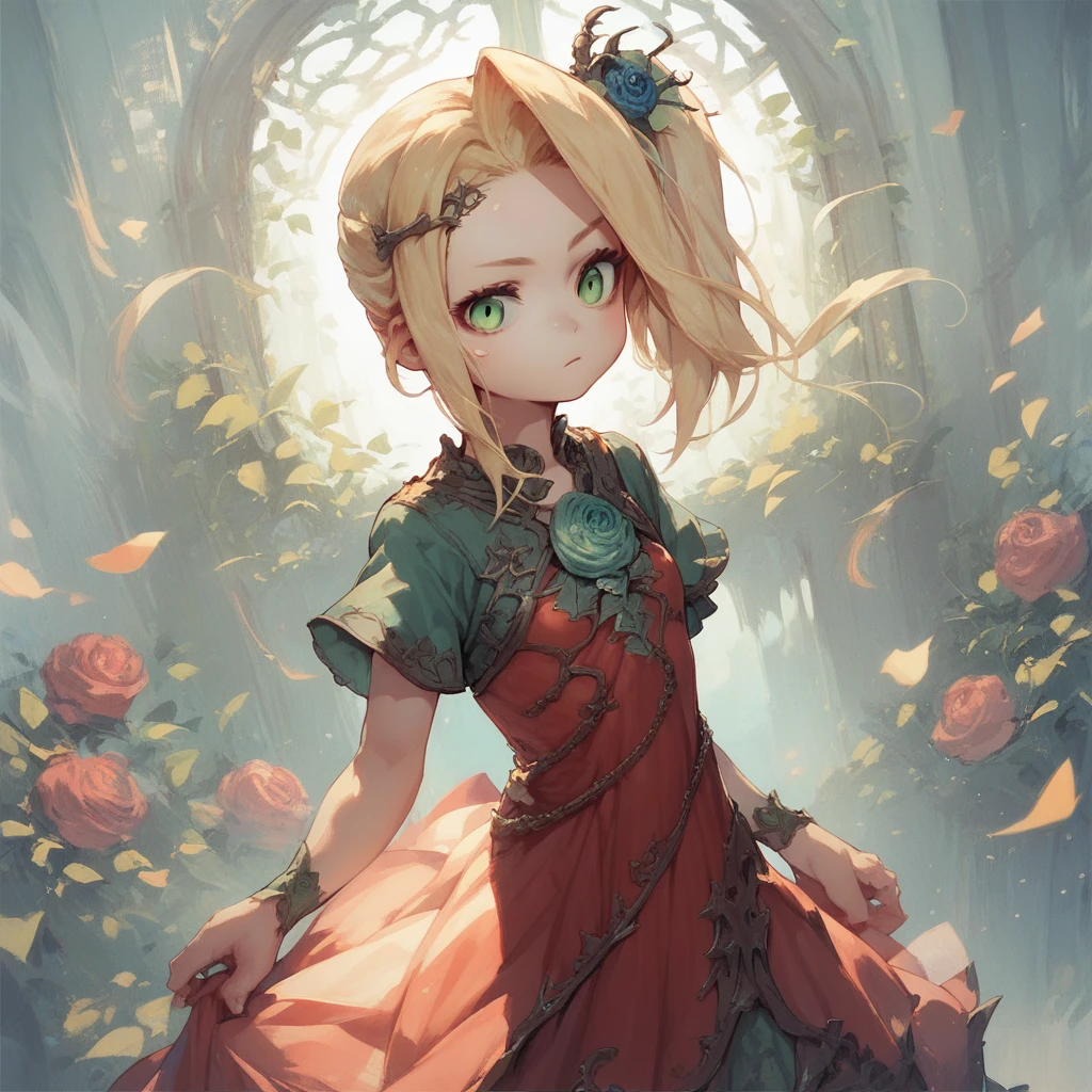 score_9, score_8_up, score_7_up, 1girl, blonde, side ponytail, small breast, green eyes, hair flower, hair ornament, rose, dress,