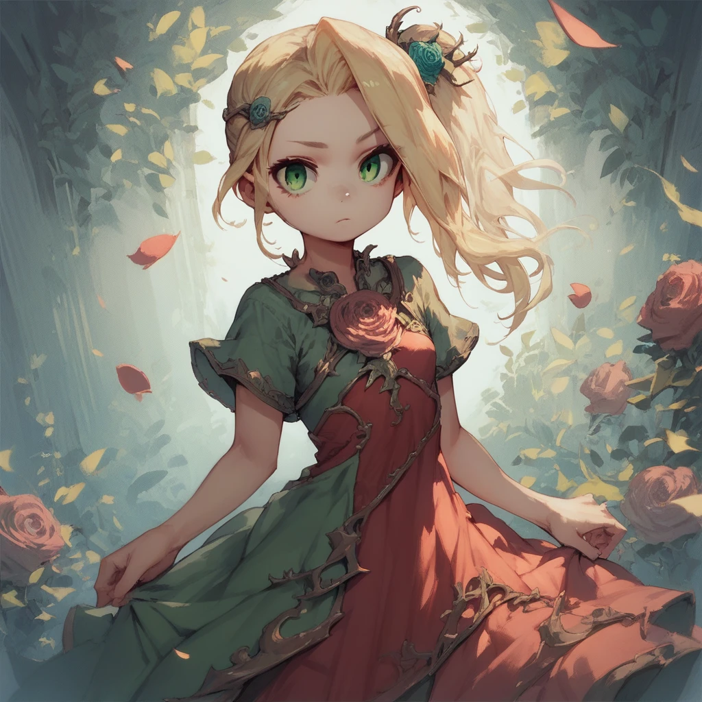 score_9, score_8_up, score_7_up, 1girl, blonde, side ponytail, small breast, green eyes, hair flower, hair ornament, rose, dress,