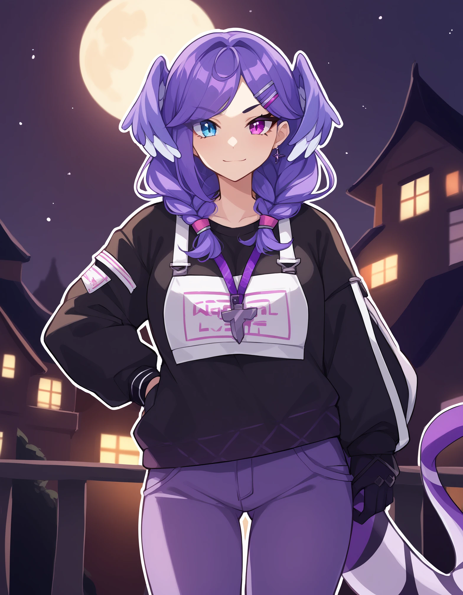 score_9, score_8_up, score_7_up, score_6_up, score_5_up, score_4_up, source_anime, (best quality, ultra detailed, absurdres, masterpiece:1.2), (ai-generated:0.6), color, (white outline:1.3), outdoors, night sky, full moon,   <lora:ThaNukiSDXL:1> <lora:selentatsukiPonyXL2:1>
BREAK
selen tatsuki, selen tatsuki \(1st costume\), 1girl, asymmetrical arms, blue eyes, hair ornament, purple eyes, purple hair, hairclip, pants, medium hair, twin braids, sweater, heterochromia, head wings, dragon tail, black sweater, lanyard, purple pants