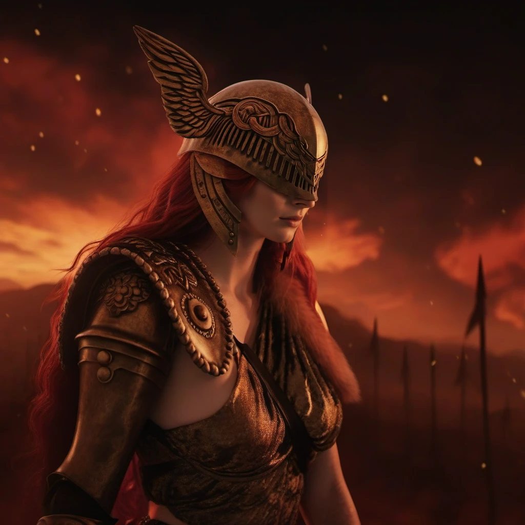 cinematic photo a woman with red hair, winged helmet, sword <lora:Malenia1024:0.8> . 35mm photograph, film, bokeh, professional, 4k, highly detailed