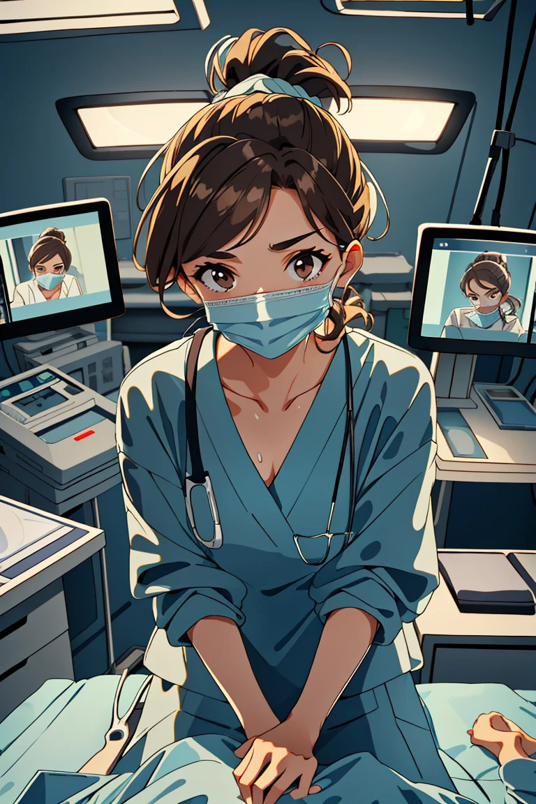 (RAW photo, best quality), operating room, overhead surgical light,blurred background, focused, dithering,backlighting,
 <lora:surgeon_cpr_pov_V1.0-000005:0.8> surgeon_cpr, indoors, 1girl, looking at viewer, pov, solo,surgical mask, long sleeves,sweating, 
<lora:Klaviana_V1.0:0.8> (klaviana,brown hair, brown eyes,folded ponytail, 1990s (style)),