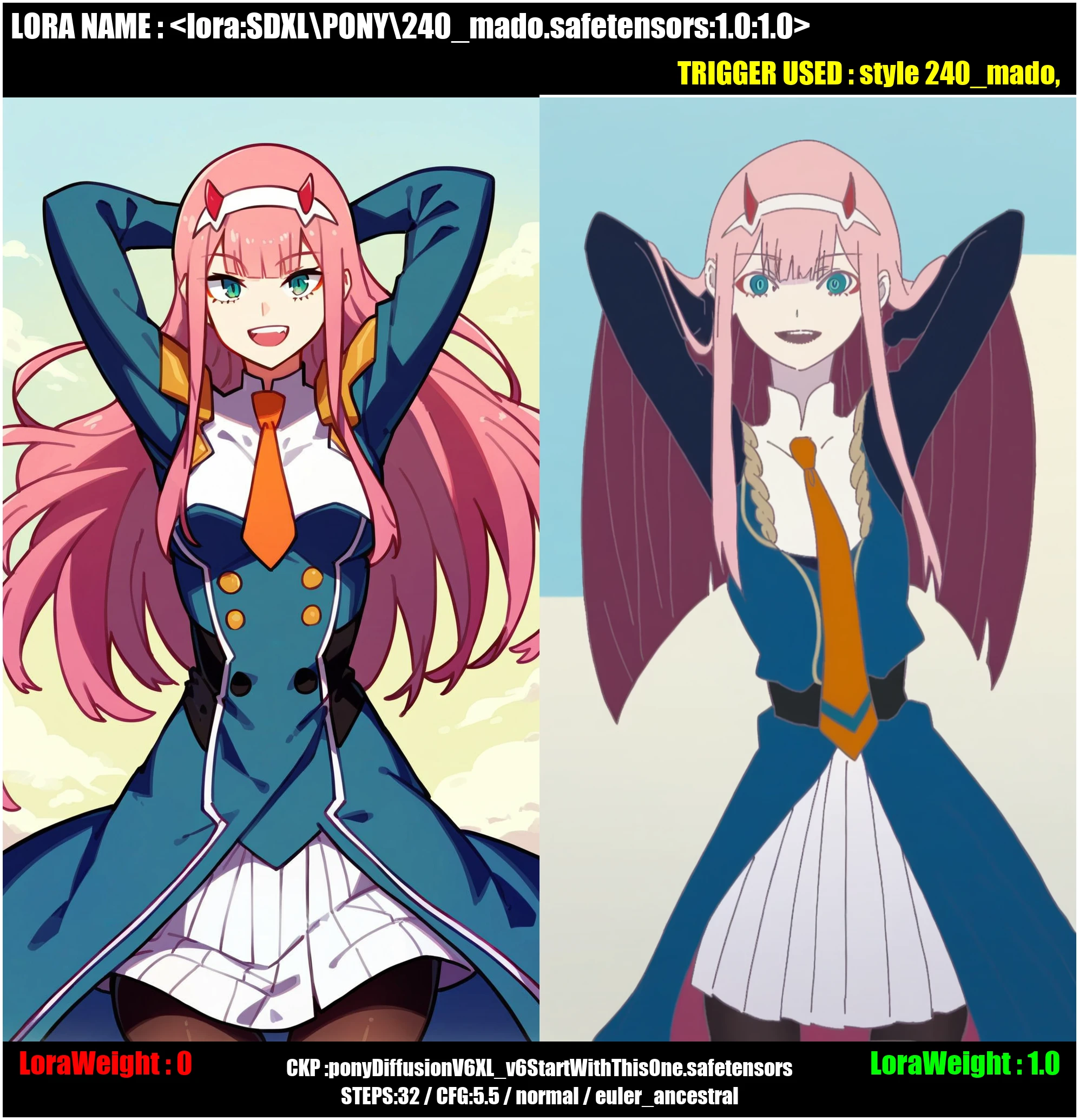 (score_9,score_8_up,score_7_up),style 240_mado,,zero_two_\(darling_in_the_franxx\), 1girl, solo, long_hair, looking_at_viewer, smile, open_mouth, bangs, simple_background, long_sleeves, white_background, dress, very_long_hair, green_eyes, standing, pink_hair, :d, pantyhose, cowboy_shot, hairband, necktie, horns, teeth, blunt_bangs, uniform, arms_up, aqua_eyes, black_pantyhose, military, military_uniform, thigh_gap, red_dress, arms_behind_head, straight_hair, white_hairband, short_necktie, orange_necktie1girl, flat color, portrait, nature, outside,two-tone hair,[blue hair::20],[red hair:15], (long neck:0.8),sideways ,O.O, marching, dance,