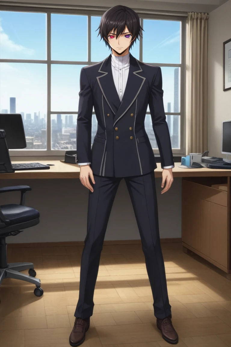 score_9, score_8_up, score_7_up, source_anime, rating_safe, intricate details, (photorealistic:0.6), , , 1boy, solo, male focus, <lora:lelouch_lamperouge_pony:0.94>, lelouch_lamperouge, black hair, purple eyes, hair between eyes, bangs, heterochromia, red eyes, , full body, office, computers, day, pose, sad, thief costume, <lora:sdxl_lightning_8step_lora:1>