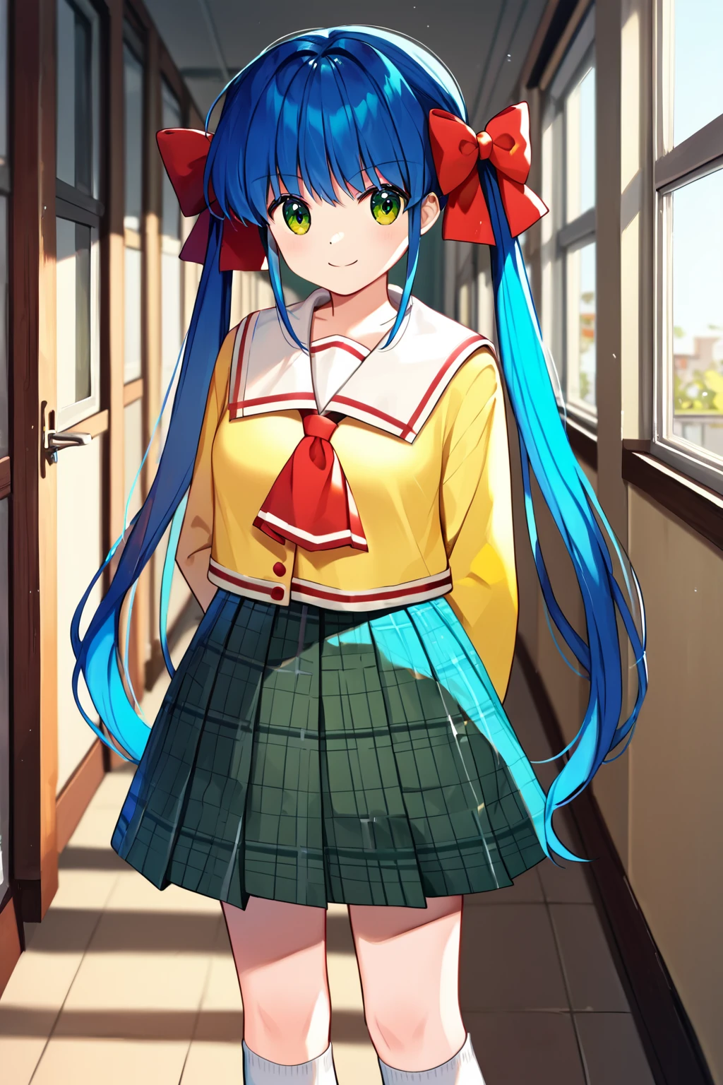 score_9, score_8_up, score_7_up, score_6_up, rating_safe, source_anime, best quality, masterpiece, detailed background, detailed eyes, school hallway, cowboy shot, white kneehighs, <lora:nanase-rumi-xl-02:1.2>, nanase rumi, blue hair, green eyes, long twintails, medium breasts, red_hair_bows, yellow school uniform, plaid dark green skirt, smile, hands behind back