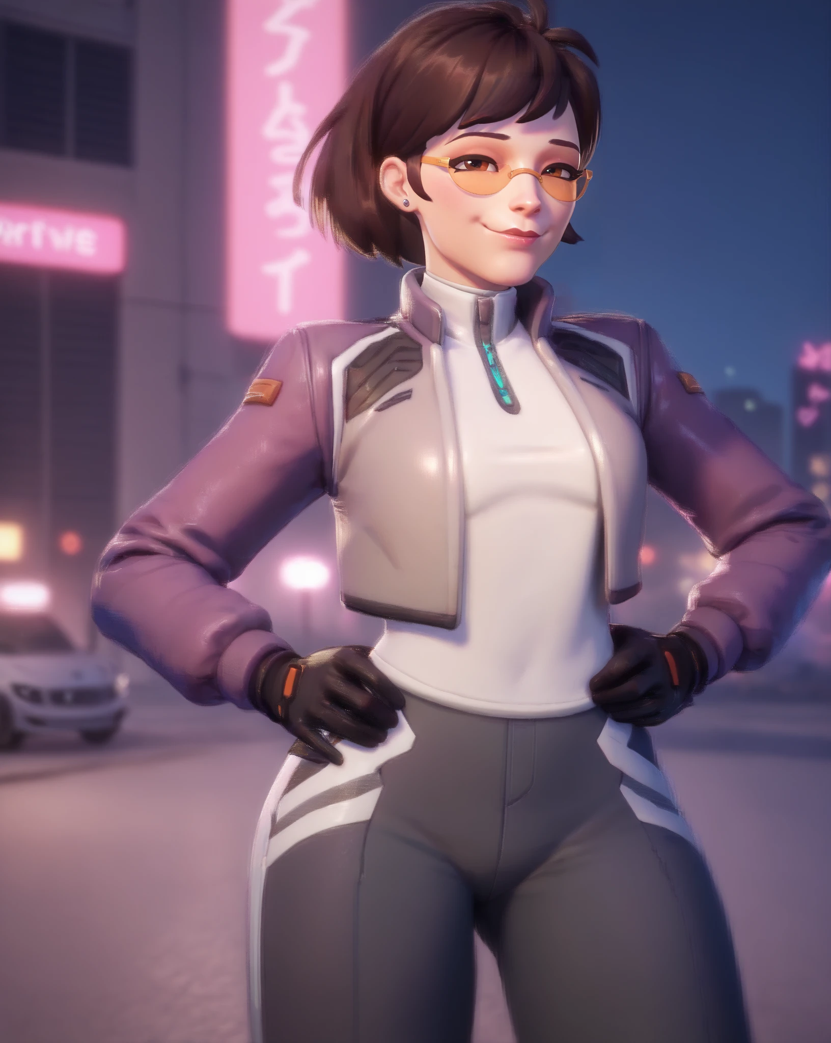 score_9, score_8_up, score_7_up, score_6_up, 1girl, solo focus, 2.5d, dva porsche, d.va (overwatch), smile, city background, <lora:Dva porsche-000030:1>