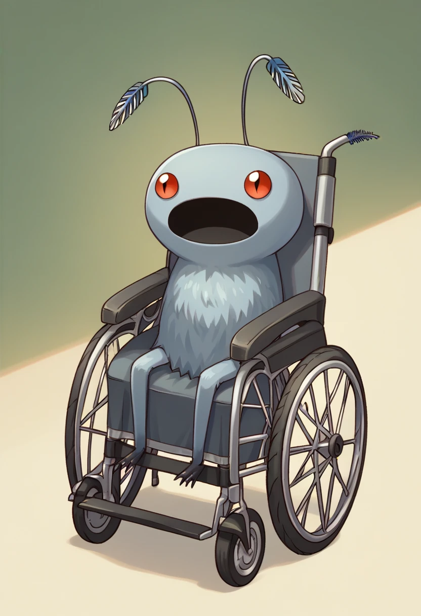 score_9, score_8_up, score_7_up, source_anime BREAK solo, pokemon \(creature\), no humans, <lora:Mothman-pdxl_Fp:1>, mothman, red eyes, open mouth, antennae, <lora:Wheelchair_XLPD:1>, wheelchair, sitting