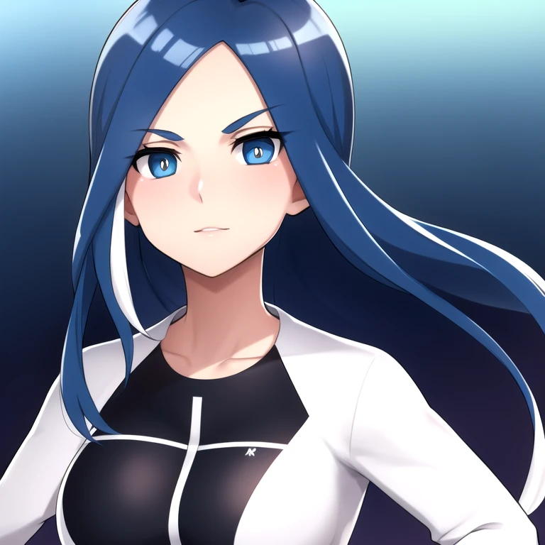 (score_9,score_8_up,score_7_up,score_6_up,source_anime,best best quality,perfect face,bright pupils,(finely detailed beautiful eyes),),full_shot,cowboy_shot,<lora:1748411177380811639:0.7>,Urbida (Reina Yagami),long hair,white fringe,blue eyes,blue hair,(white fringe (hair):1.2),