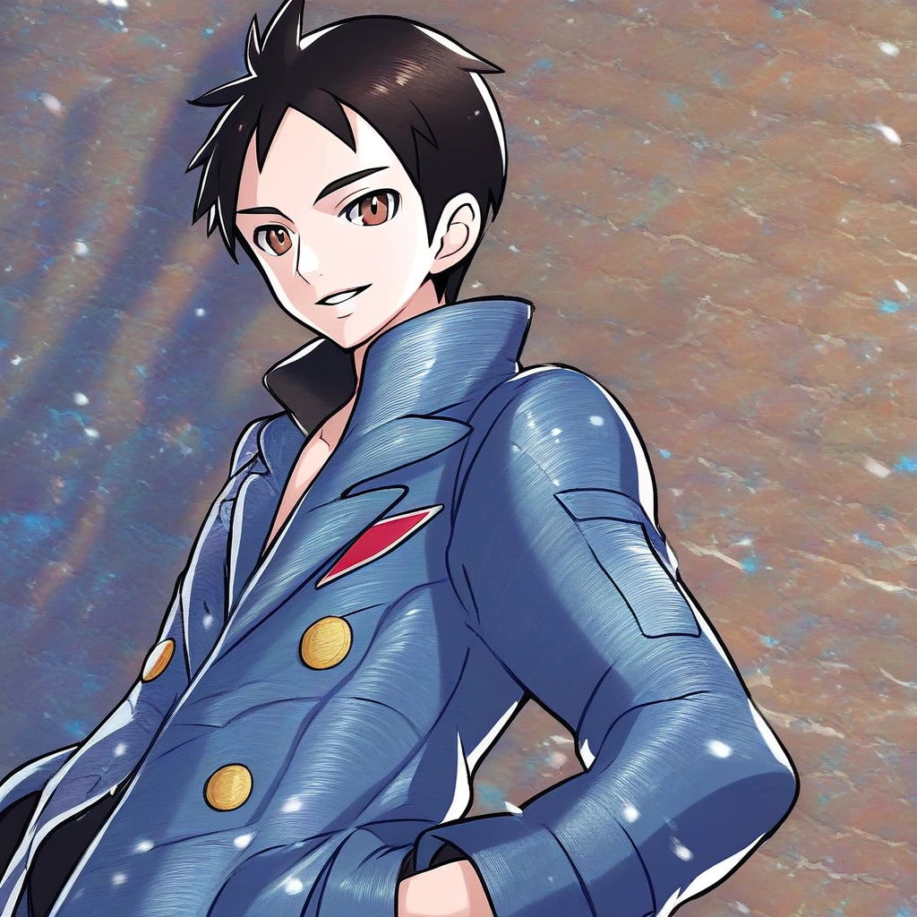 1boy, male focus, solo, smile, parted lips, short hair, black hair, brown eyes, blue jacket, hands in pockets