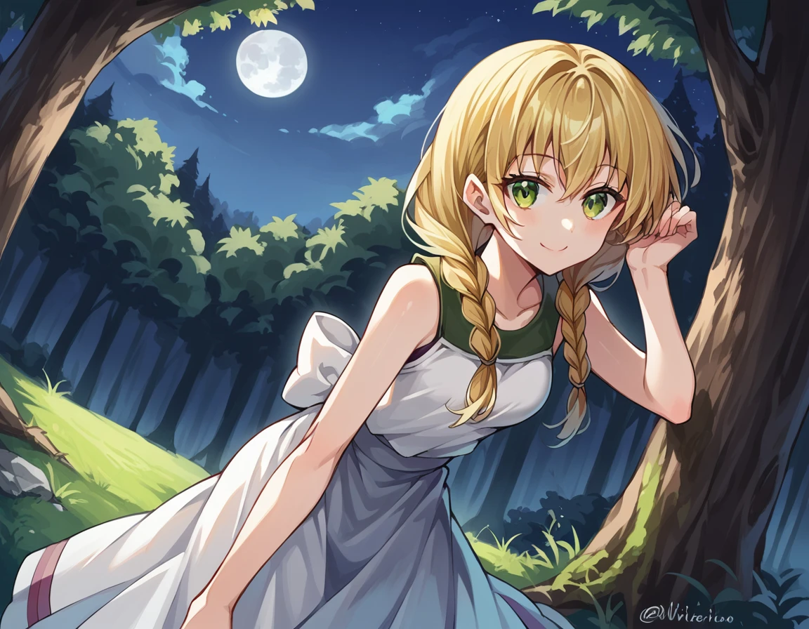 score_9, score_8_up, score_7_up, source_anime,
witchviola, <lora:witch-house-viola-ponyxl-lora-nochekaiser:1>,
viola, blonde hair, braid, green eyes, twin braids,
sleeveless, shirt, white shirt, skirt, long skirt, frills,
outdoors, forest, nature, trees, night, moon, smile, bent over,
solo, looking at viewer, cowboy shot, dutch angle,