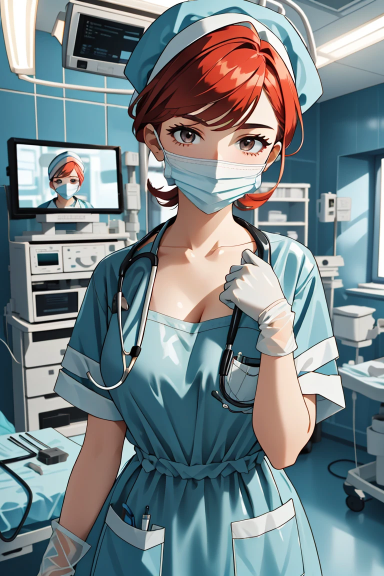 (RAW photo, best quality), operating room, overhead surgical light,blurred background, focused, dithering,backlighting,
 <lora:rubber_surgeon_hand_V1.0-000006:0.85>  rubber_surgeon_hand, 1girl, solo, looking at viewer, reaching towards viewer, stethoscope, doctor, surgical mask, indoors,headwear, latex, surgical gloves, 
<lora:Claudia_Suzuki_V1.0:0.65> claudia suzuki, mature female, semi-rimless eyewear, red hair,brown eyes,