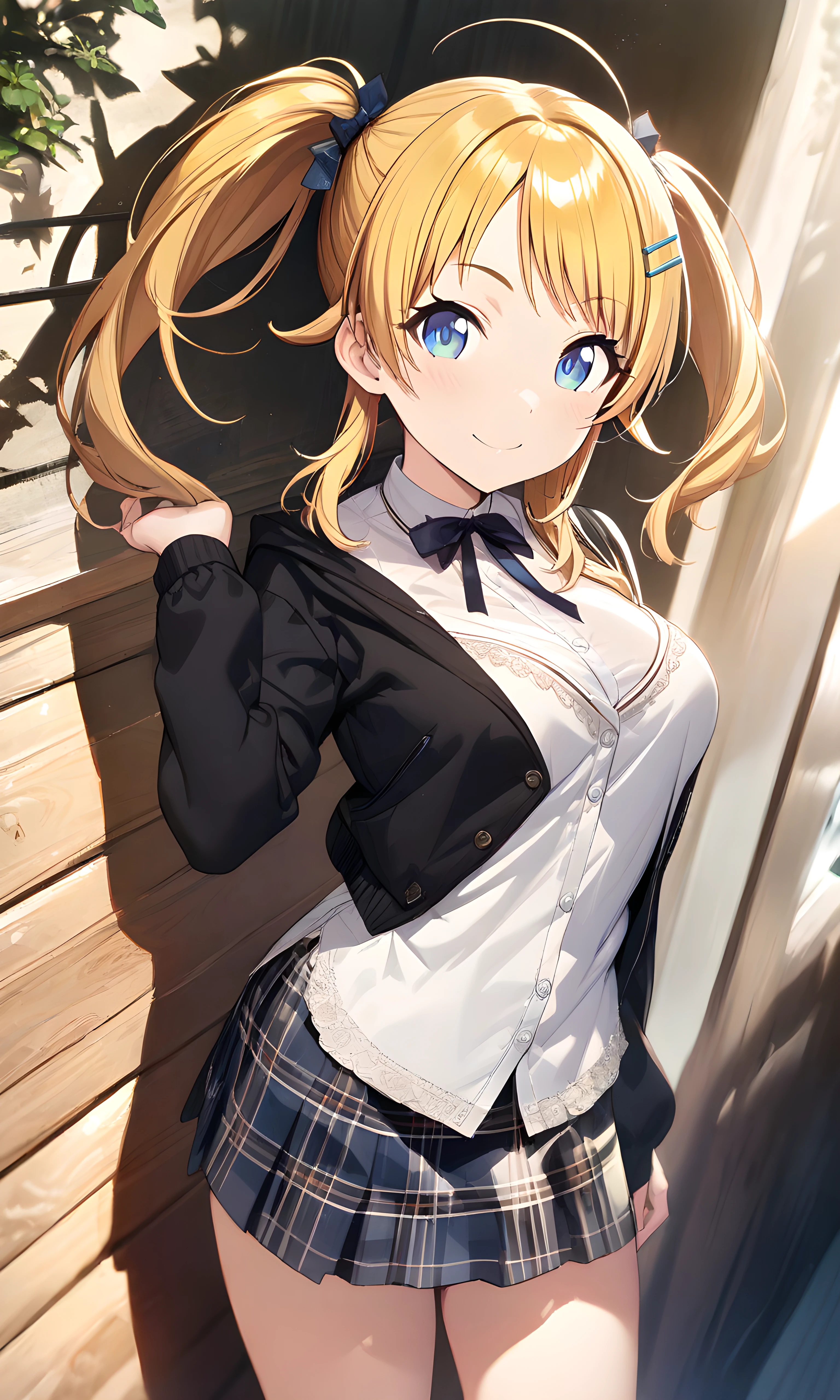 (masterpiece),(best quality),(ultra-detailed),(best illustration),(best shadow),(absurdres),(detailed background),(very aesthetic),  meguru hachimiya, 1girl, blonde hair, skirt, solo, blue eyes, hair ornament, smile, plaid, breasts, twintails, plaid skirt, hairclip, looking at viewer, shirt, long hair<lora:XL-MeguruHachimiyav1:1>