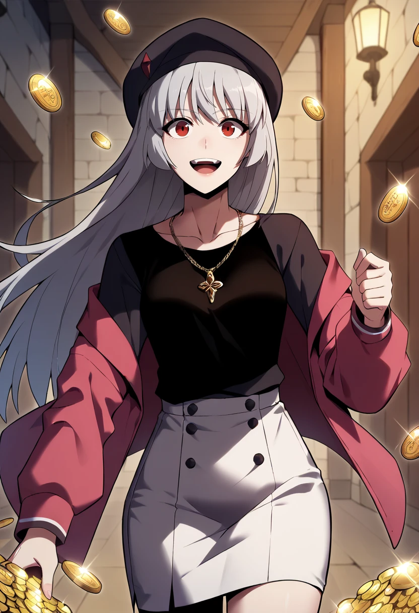 score_9, score_8_up, score_7_up,
<lora:SoloMaxLevelNewbie_AliceXL:0.8>, AliceSMLN,
1girl, solo, open mouth, light smile, upper teeth only,
grey hair, long hair, red eyes,
AliceTrendy, beret, black headwear, pink jacket, open jacket, black shirt, collarbone, necklace, white skirt, pencil skirt,
walking, looking at the viewer,
indoors, dungeon, gold, gold coin, blurry background