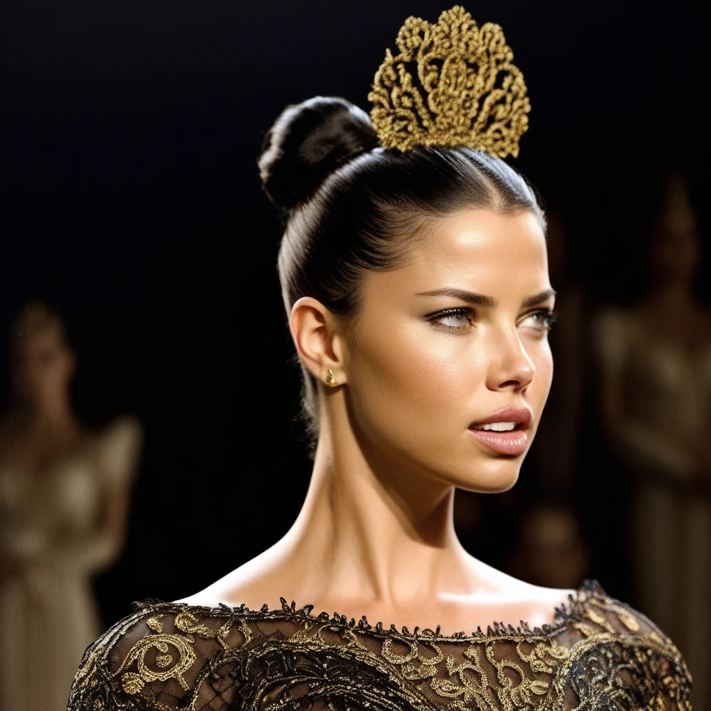 Medium close-up of Adriana Lima wearing the Bal_co, high bun, intricate hairpiece, black with gold embroidery, ballet position, stage performance, spotlighting