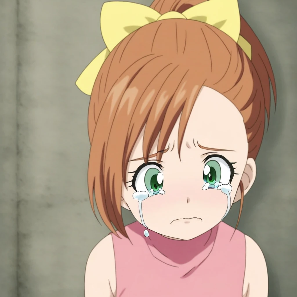 1girl, brown hair, hairbow, yellow bow, ponytail, green eyes, sleeveless, crying