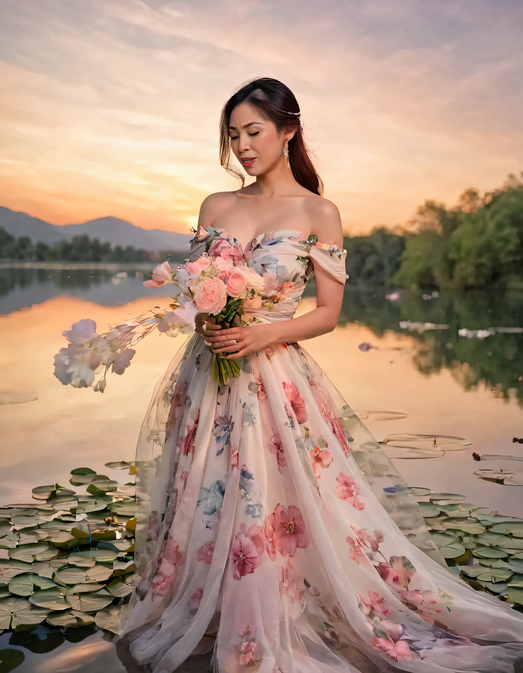 Capturing a solitary moment, the woman, dressed exquisitely in her captivating off-the-shoulder floral gown that emanates jazmine tan's fashion sensibilities, stands with an ethereal elegance and tranquil serenity as she delicately tosses the last petal from her bouquet into the picturesque lake amidst a glorious sunset scene, illuminating her graceful presence in nature. jazminetan <lora:owunhn18f89858986vb3f:1>
