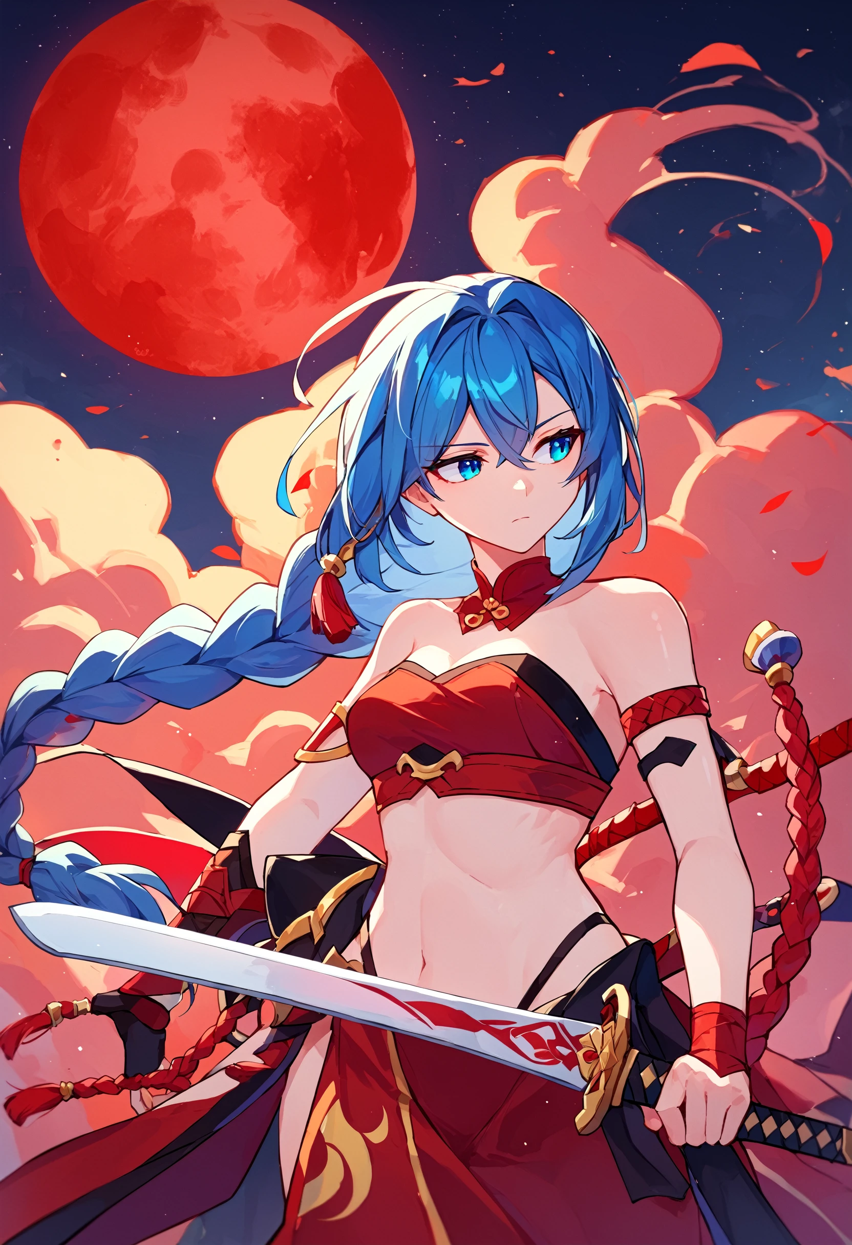 score_9, score_8_up, score_7_up, BREAK
1girl, red moon, strapless bottom, braid, blue eyes, full moon, blue hair, sword, moon, bare shoulders, braided ponytail, armlet, c-string, weapon, looking to the side, tassel